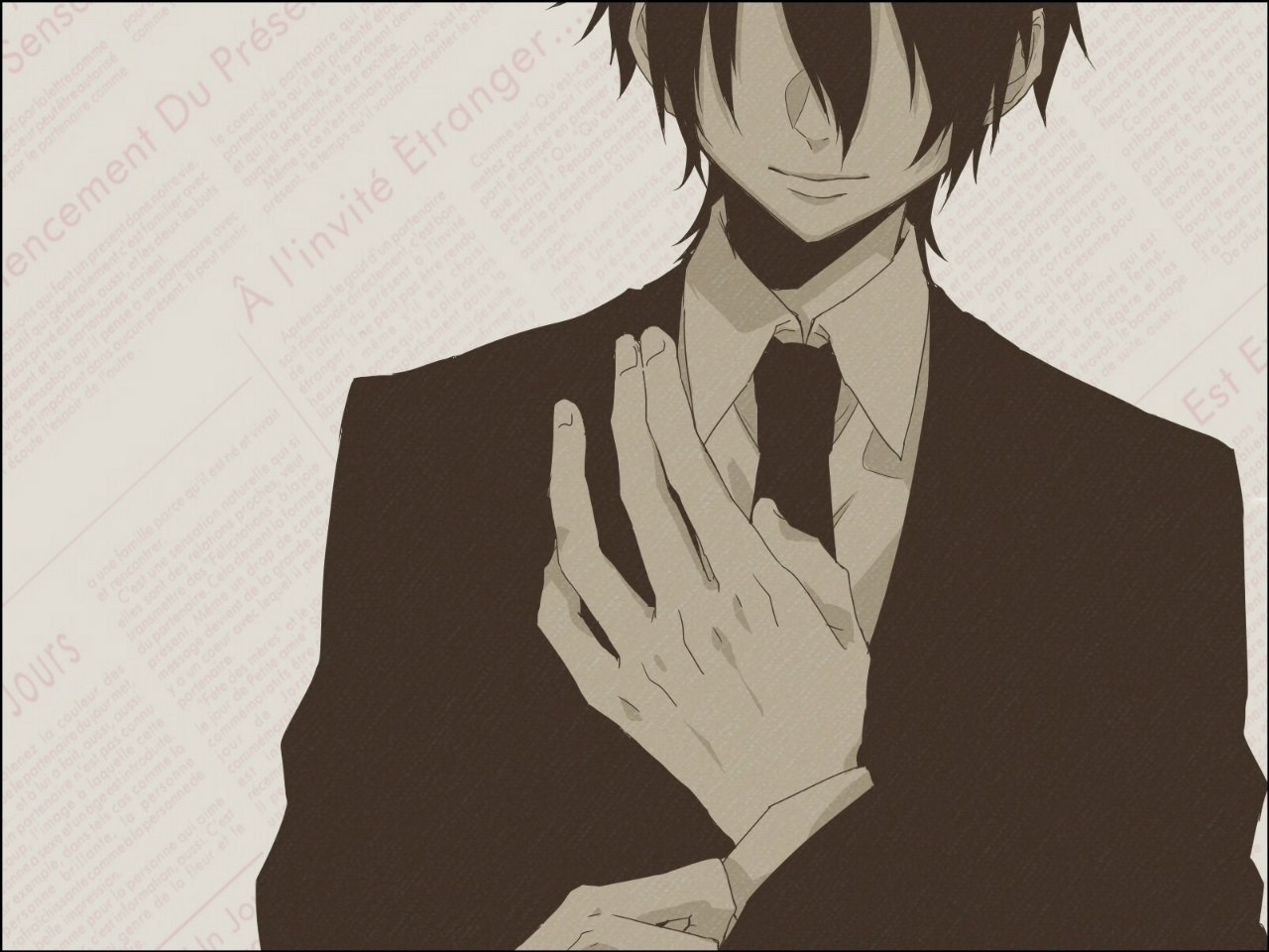 Anime 1280x960 manga anime anime boys suits tie simple background hair in face white background hands
