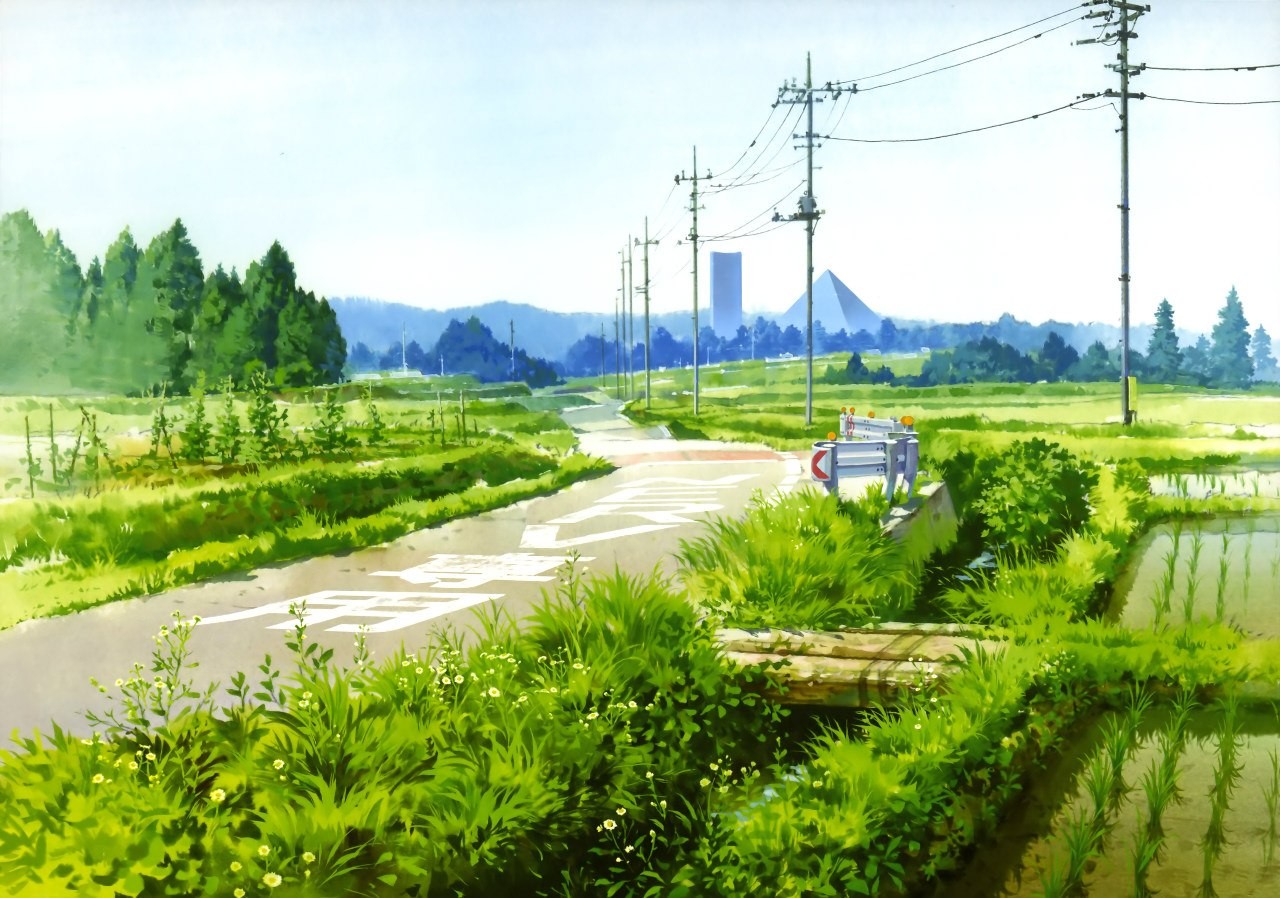 Anime 1280x898 artwork road power lines farm plants utility pole anime