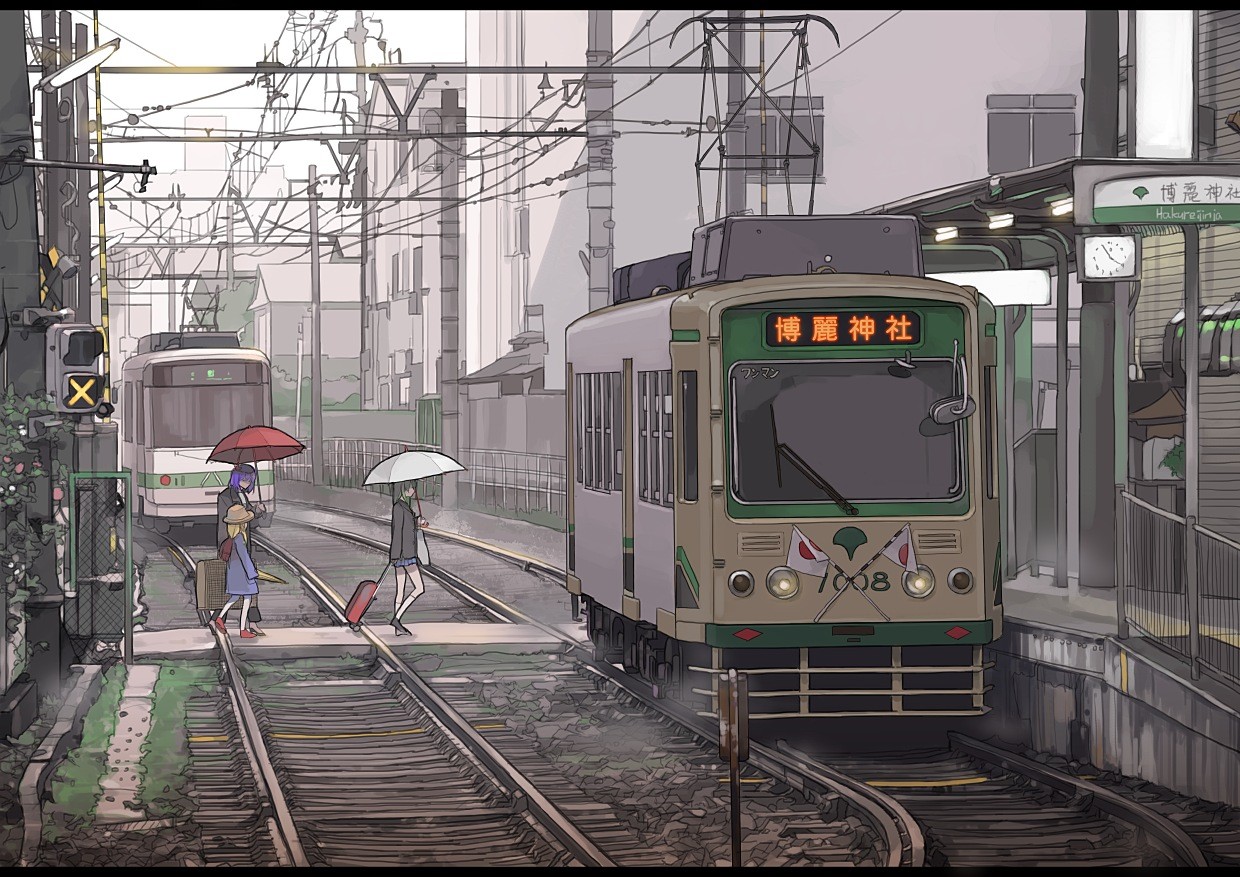 Anime 1240x877 manga anime train city umbrella vehicle