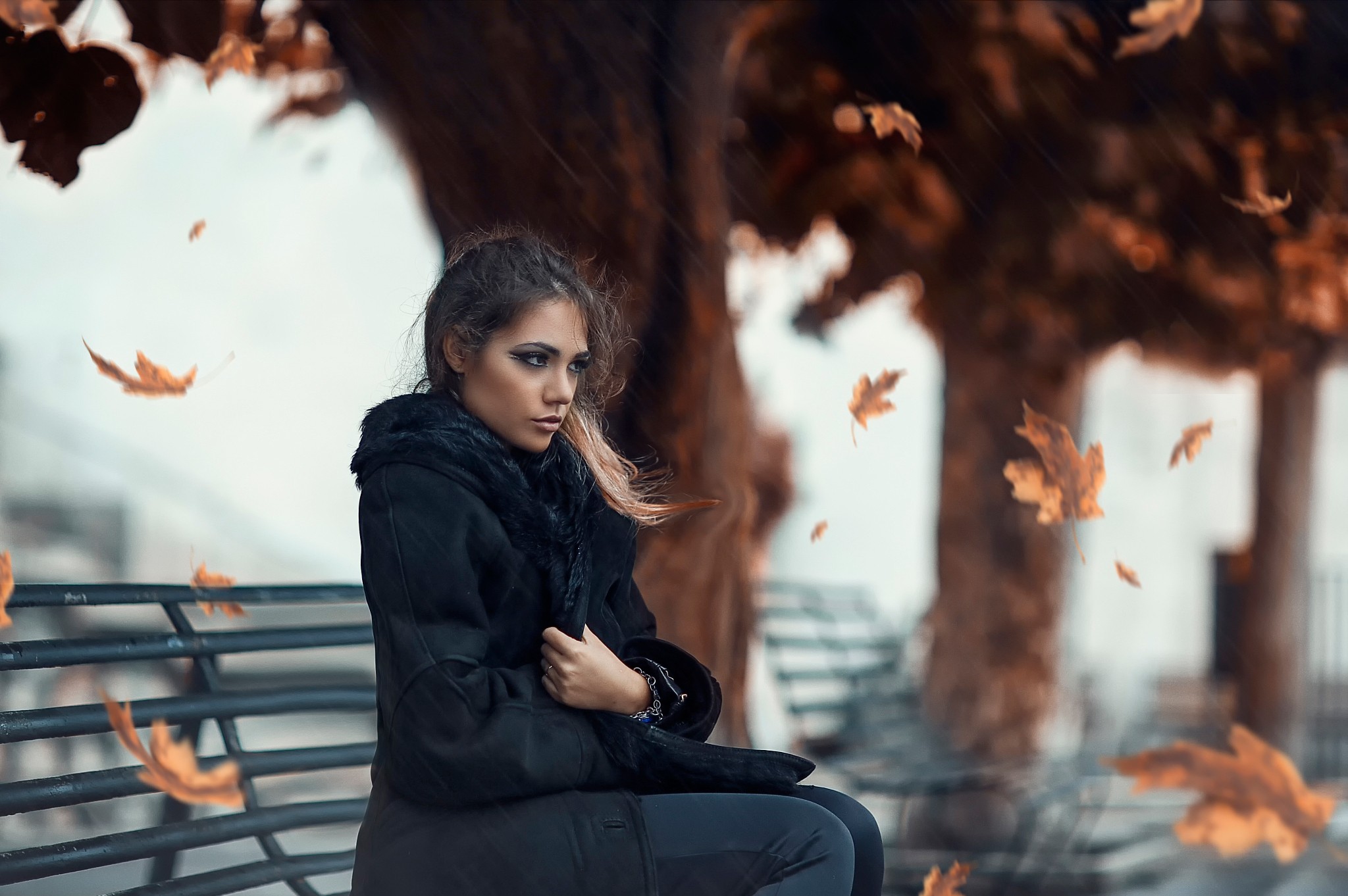 People 2048x1362 women leaves bench women outdoors fall Alessandro Di Cicco black coat on bench Arianna Storace coats fallen leaves sitting park makeup eyeliner cold outdoors model autumn women