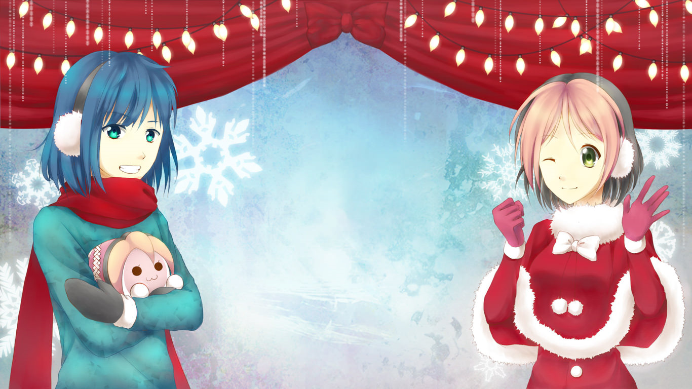 Anime 1366x768 Pippi Christmas anime anime girls osu! blue hair green eyes scarf two women one eye closed aqua eyes Santa costume