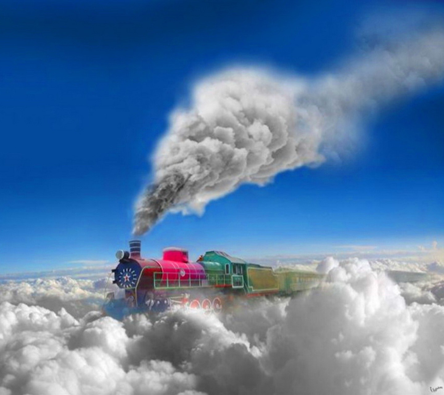 General 1440x1280 digital art train vehicle steam locomotive Steam Train smoke sky clouds