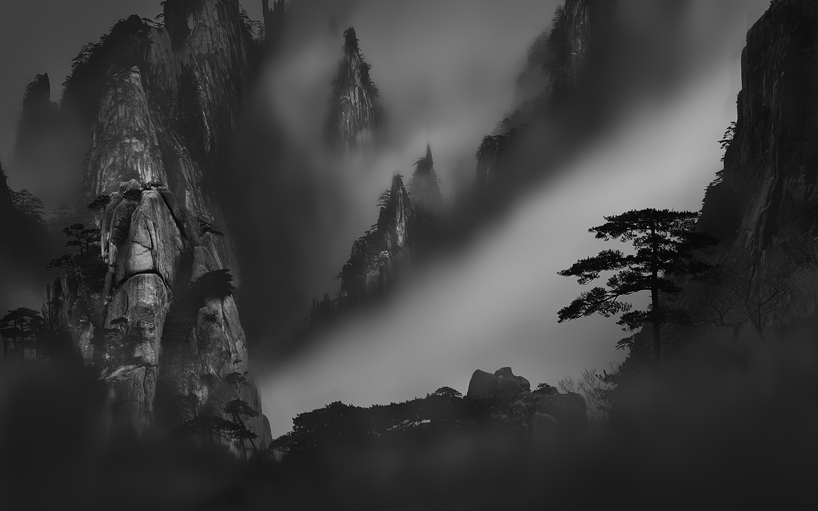 General 1600x1000 nature landscape atmosphere mountains mist trees morning dark monochrome