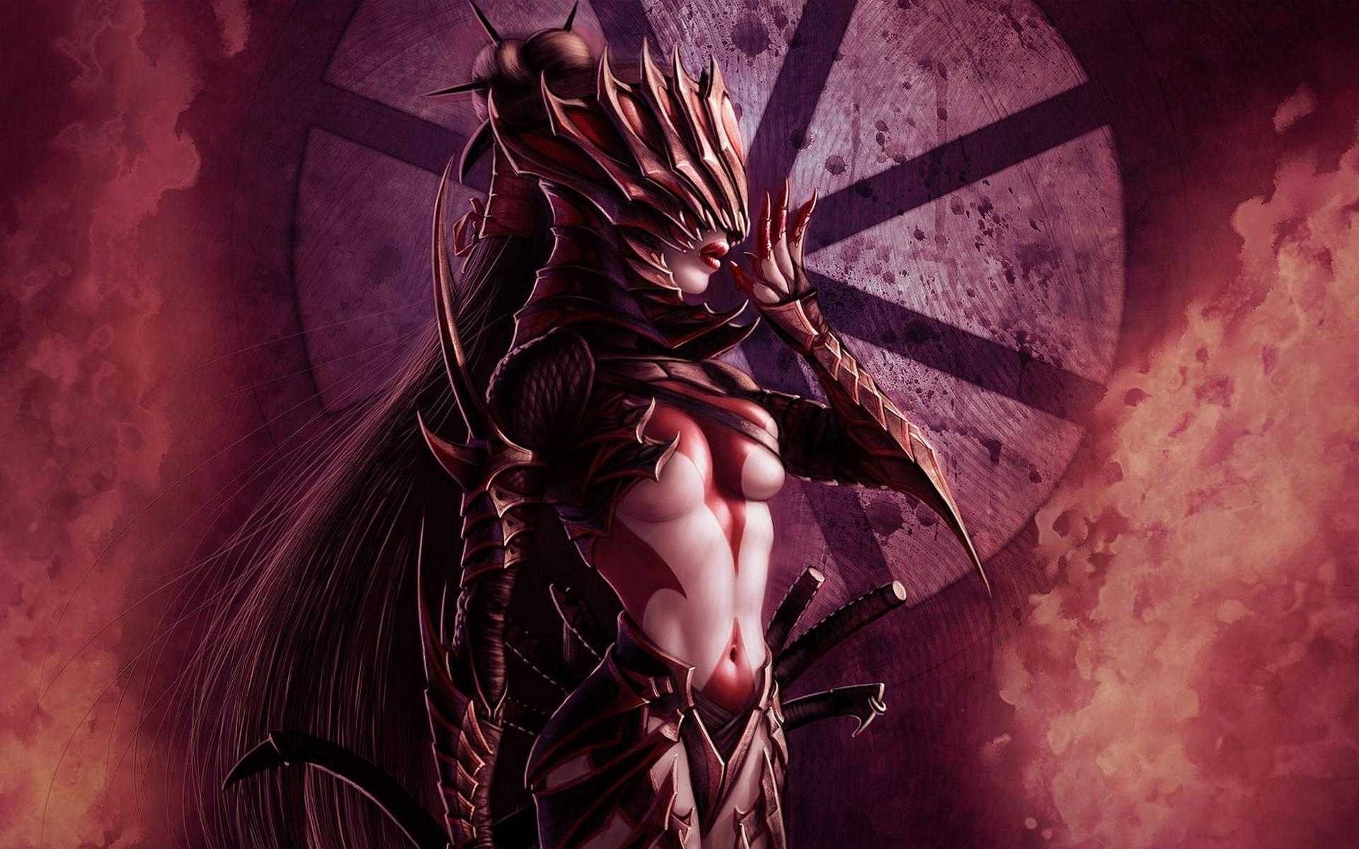 General 1920x1200 fantasy art fantasy girl demon boobs women red lipstick artwork slim body belly demon girls