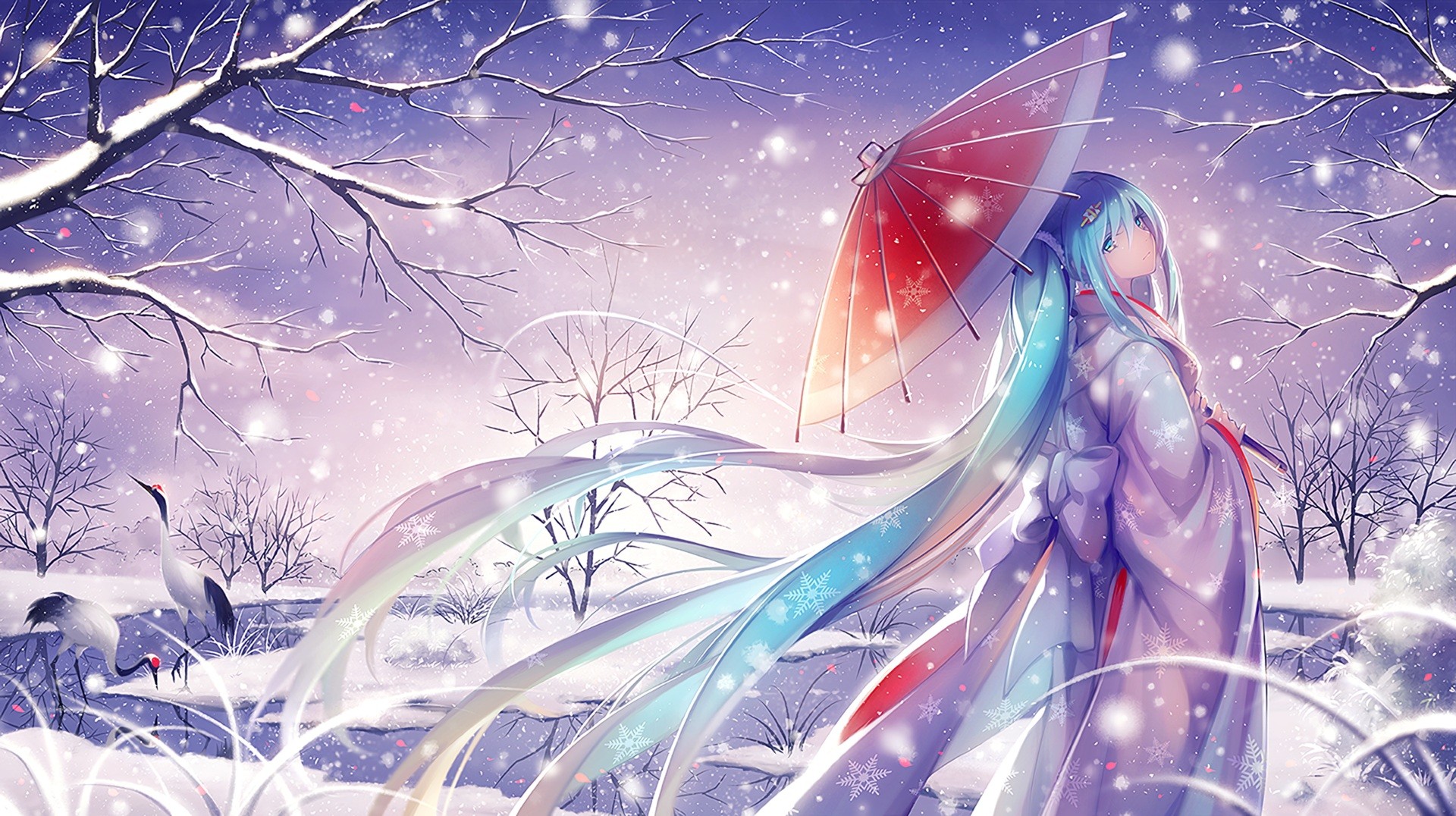 Anime 1920x1076 kimono anime girls anime winter snow women with umbrella umbrella cold outdoors women outdoors fantasy art fantasy girl cyan hair aqua eyes long hair