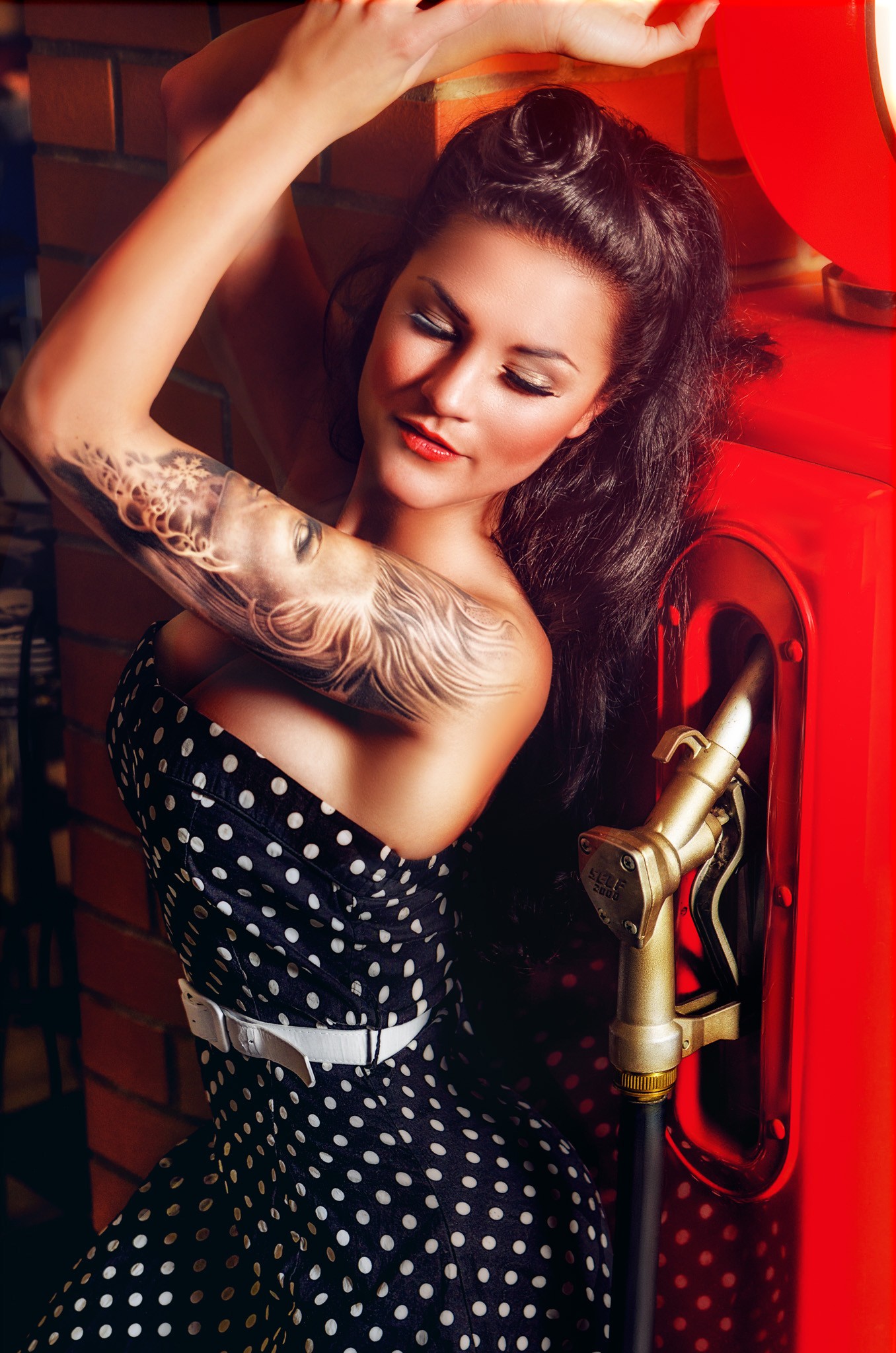 People 1356x2048 Beatrice Mary Bexter brunette women model tattoo women indoors dress polka dots inked girls makeup boobs arms up indoors