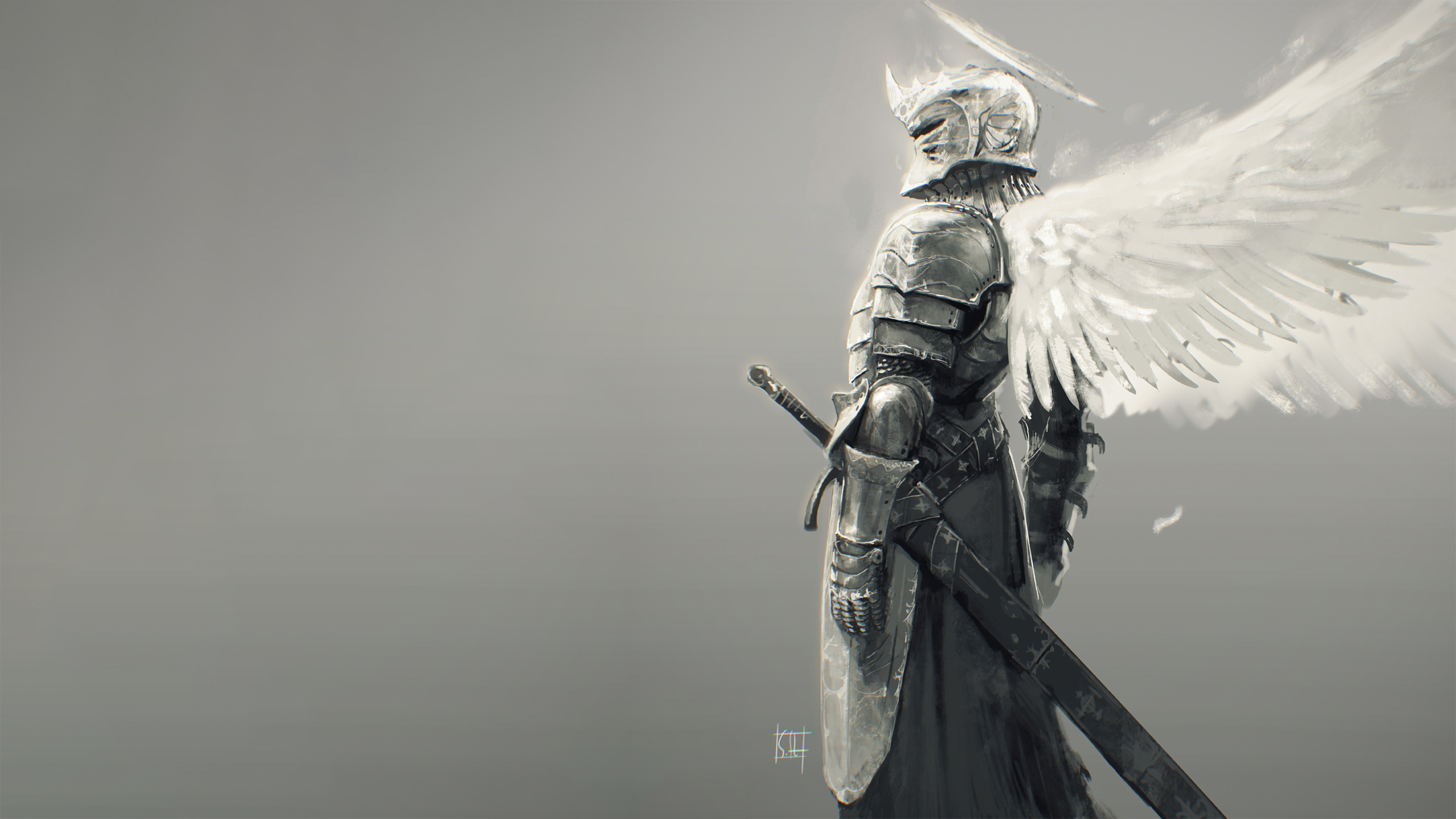 General 2560x1440 fantasy armor fantasy art sword knight angel wings armor armored wings DeviantArt artwork gray background