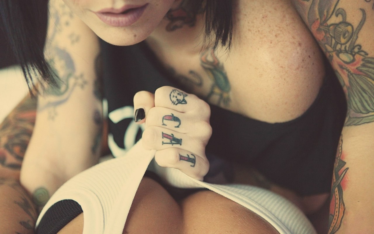 People 1280x800 women tattoo freckles closeup lips inked girls Suicide Girls Eden Suicide Riae Suicide model eyes hidden indoors women indoors pulling clothing lesbians black nails painted nails two women
