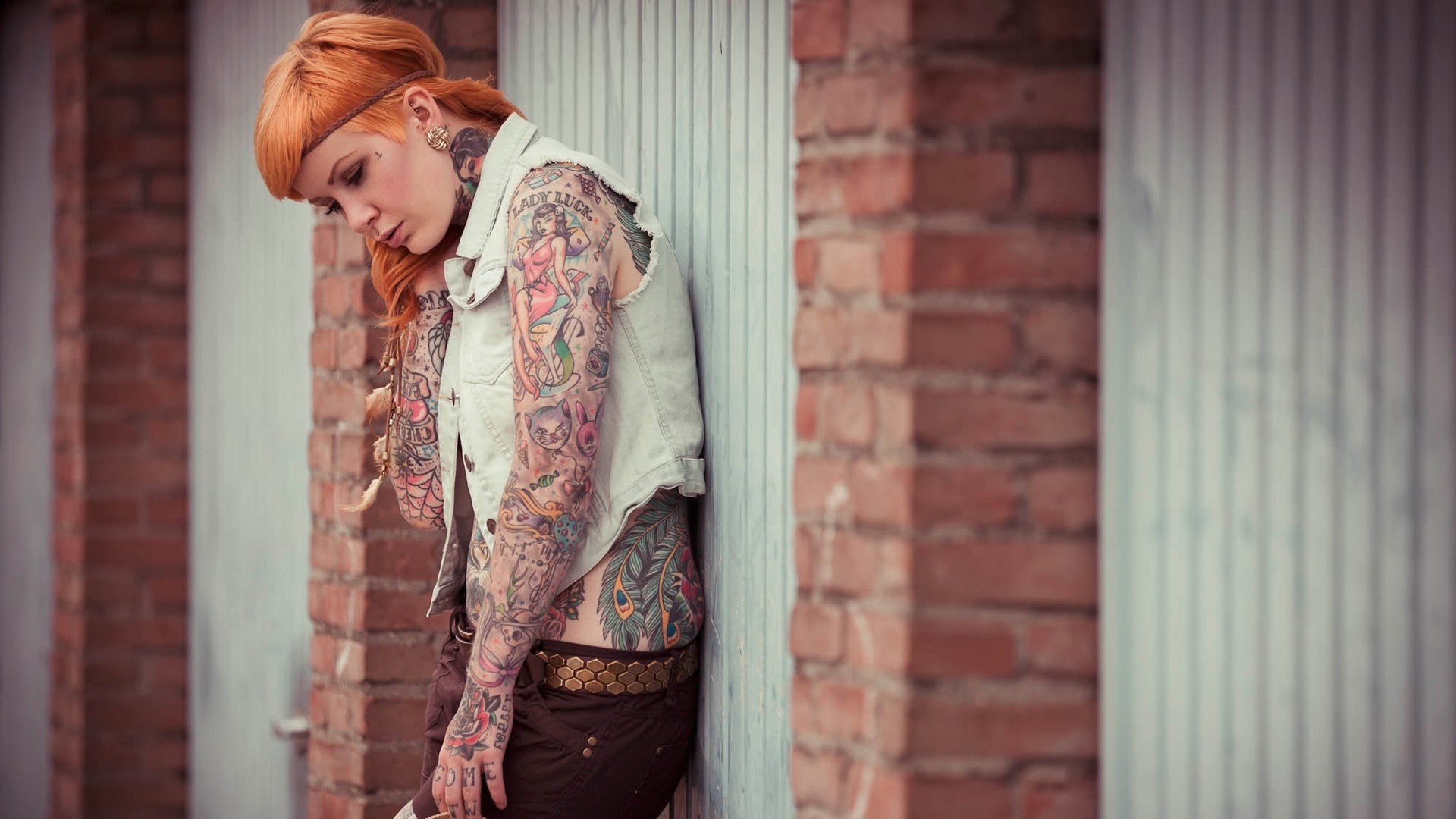 People 1920x1080 women tattoo inked girls redhead long hair hairband looking away women outdoors urban dyed hair