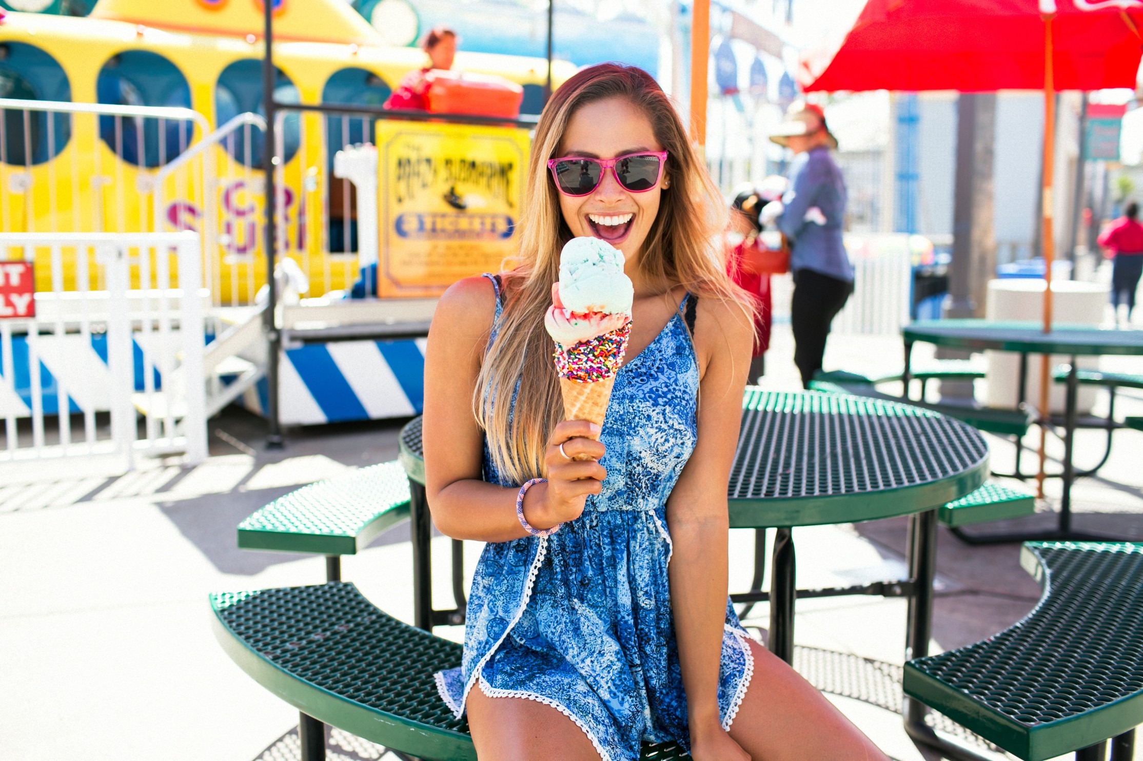 People 2228x1485 ice cream women model blonde women with glasses ice smiling glasses summer  dress happy public open mouth women with shades long hair food sweets blue clothing