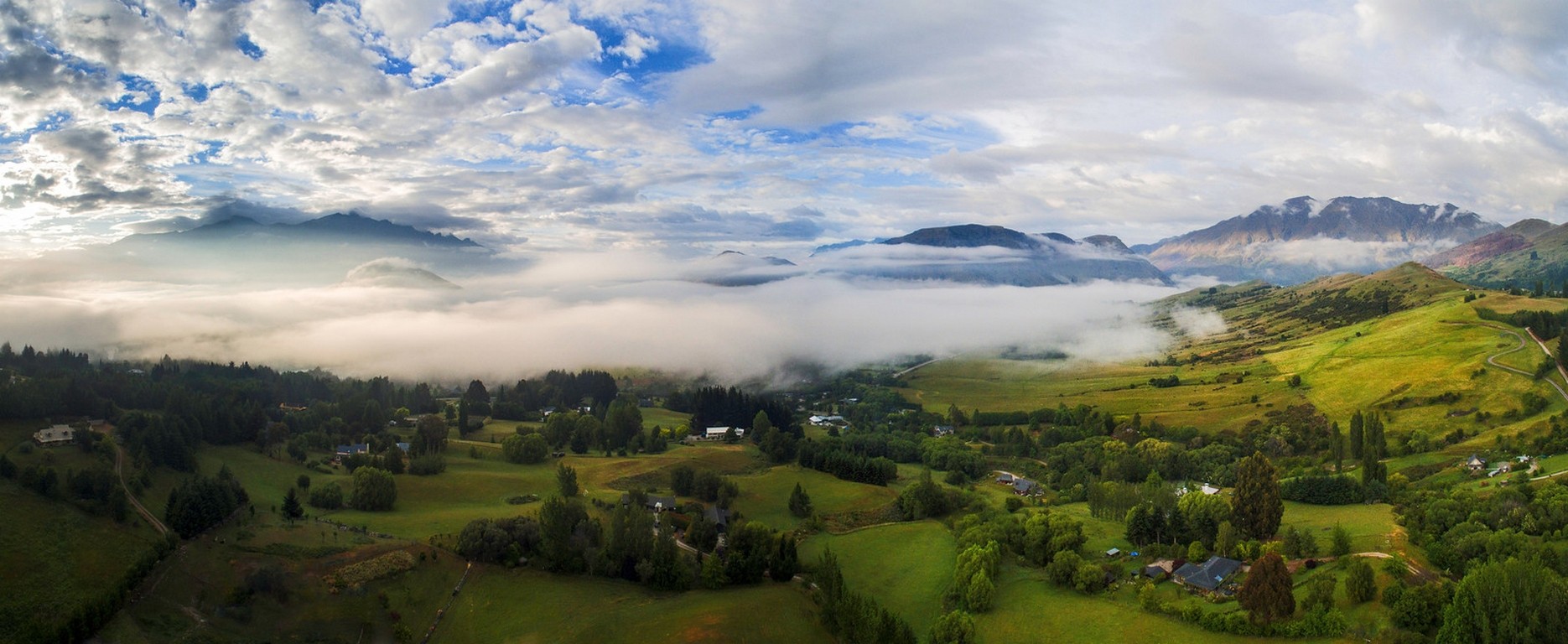 General 1870x768 landscape nature panorama village mountains field mist morning clouds New Zealand trees