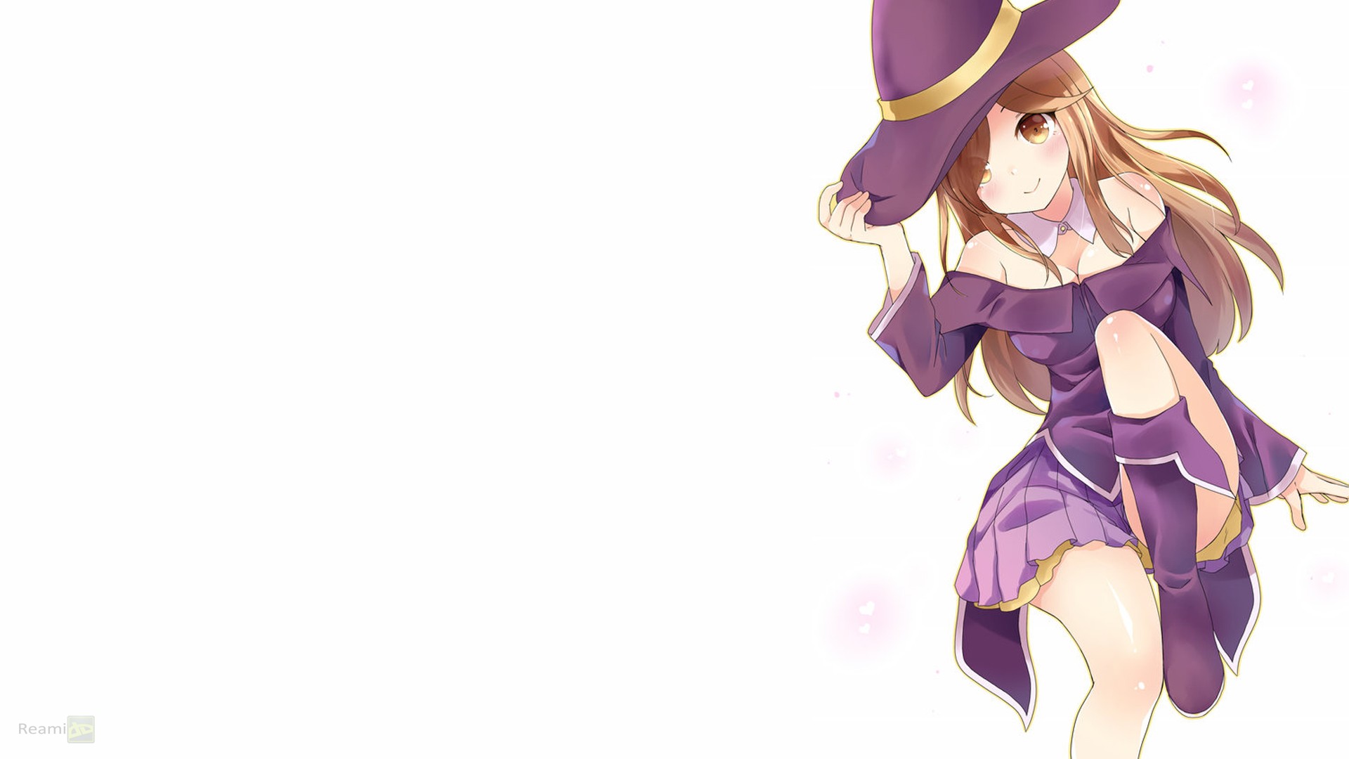 Anime 1920x1080 witch purple blonde DeviantArt hat women with hats white background simple background purple dress brunette long hair smiling anime anime girls