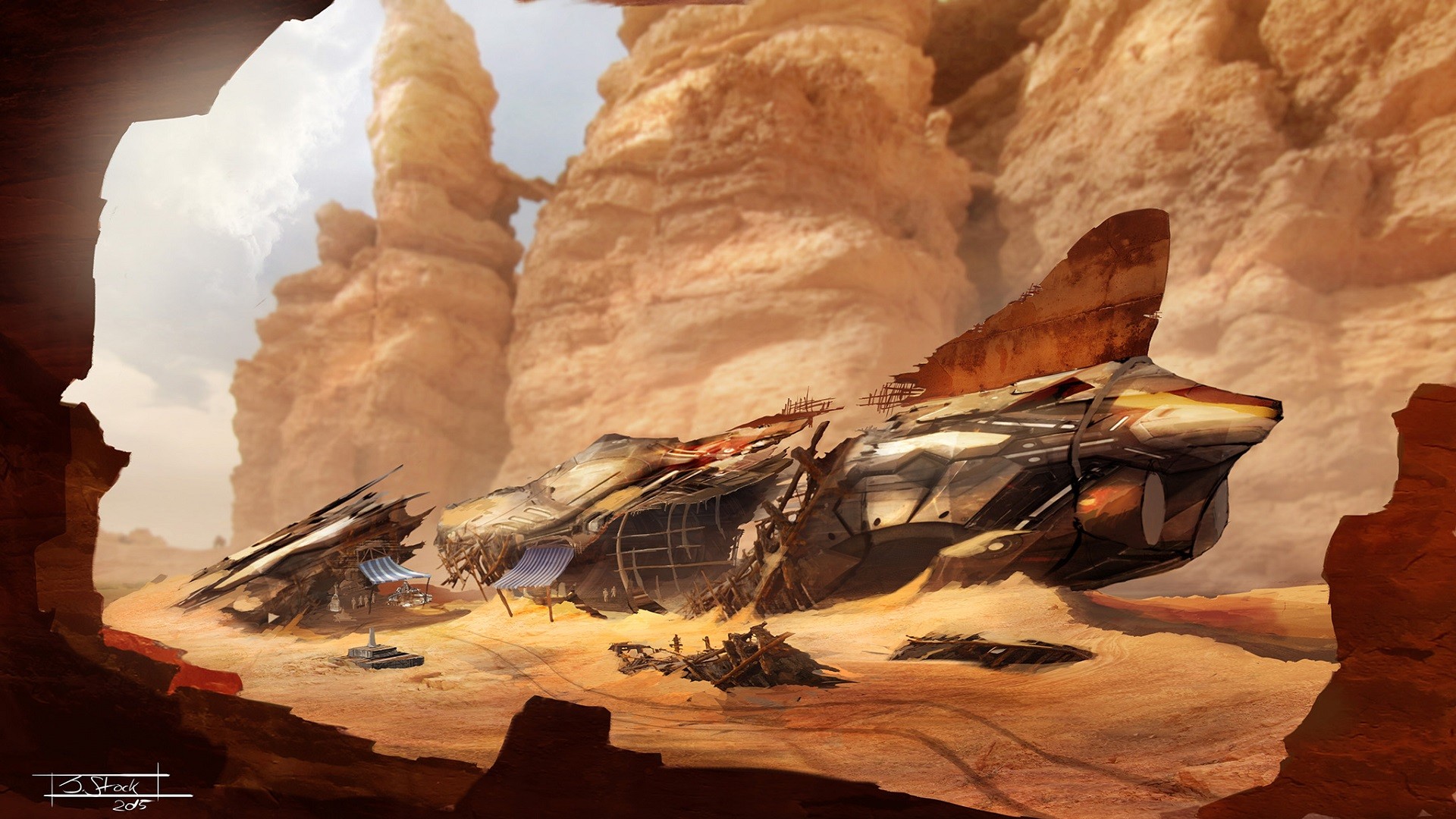General 1920x1080 desert abandoned aircraft artwork concept art wreck spaceship 2015 (Year) science fiction rocks