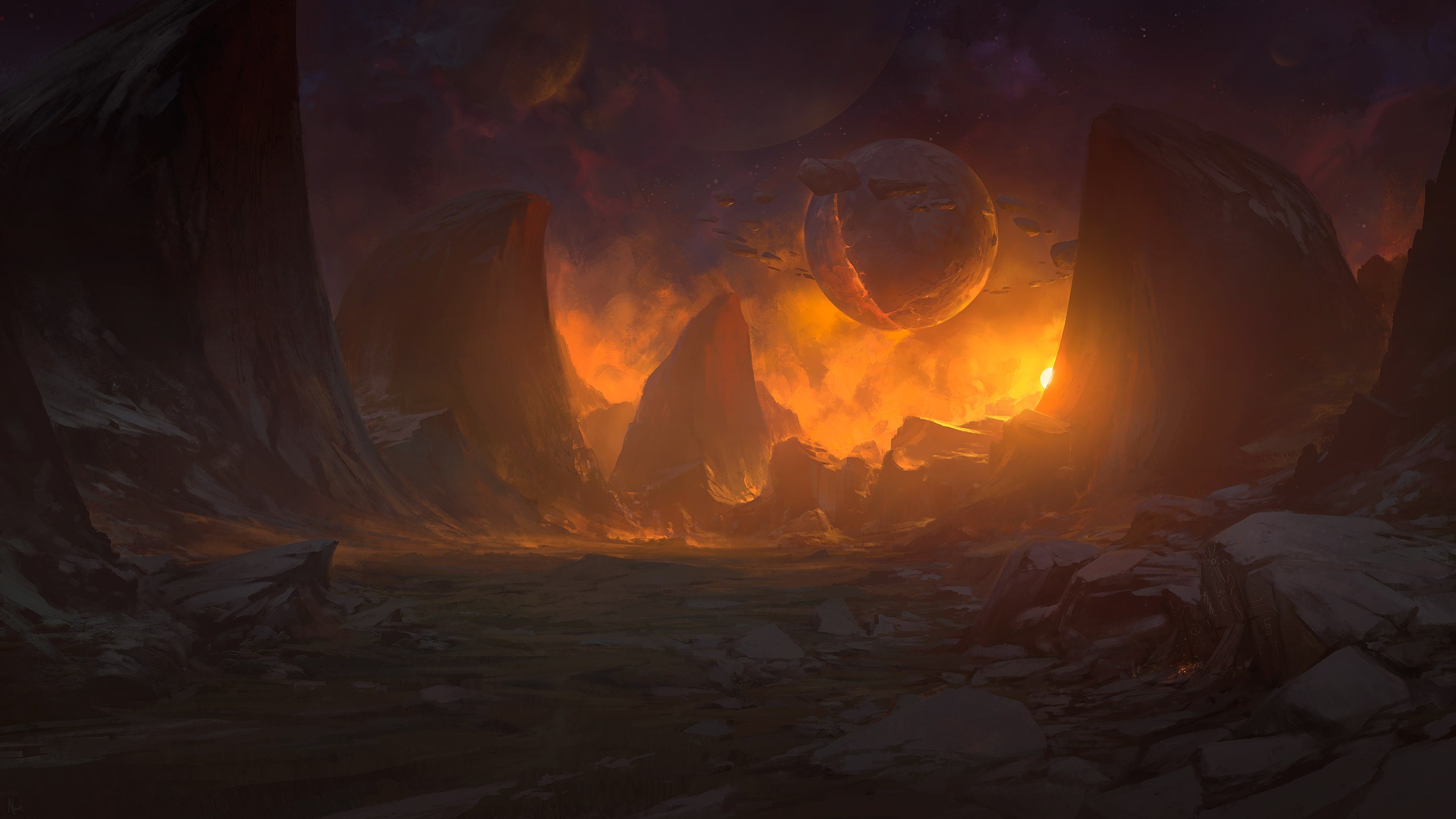 General 2560x1440 artwork fantasy art landscape sunset planet mountains campfire science fiction