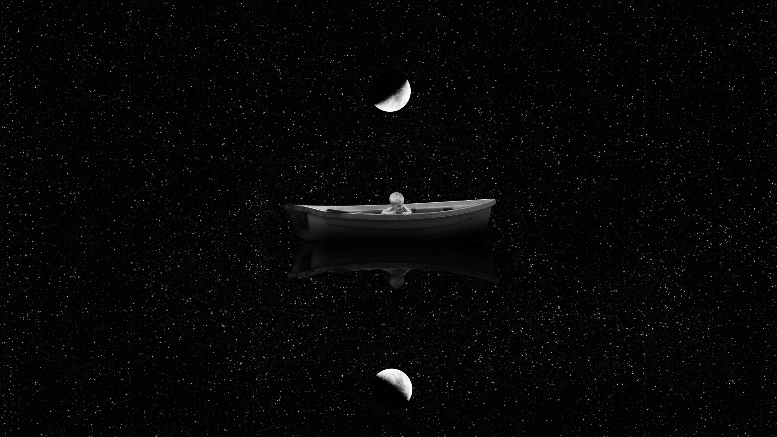 General 2560x1440 stars children boat Moon vehicle monochrome