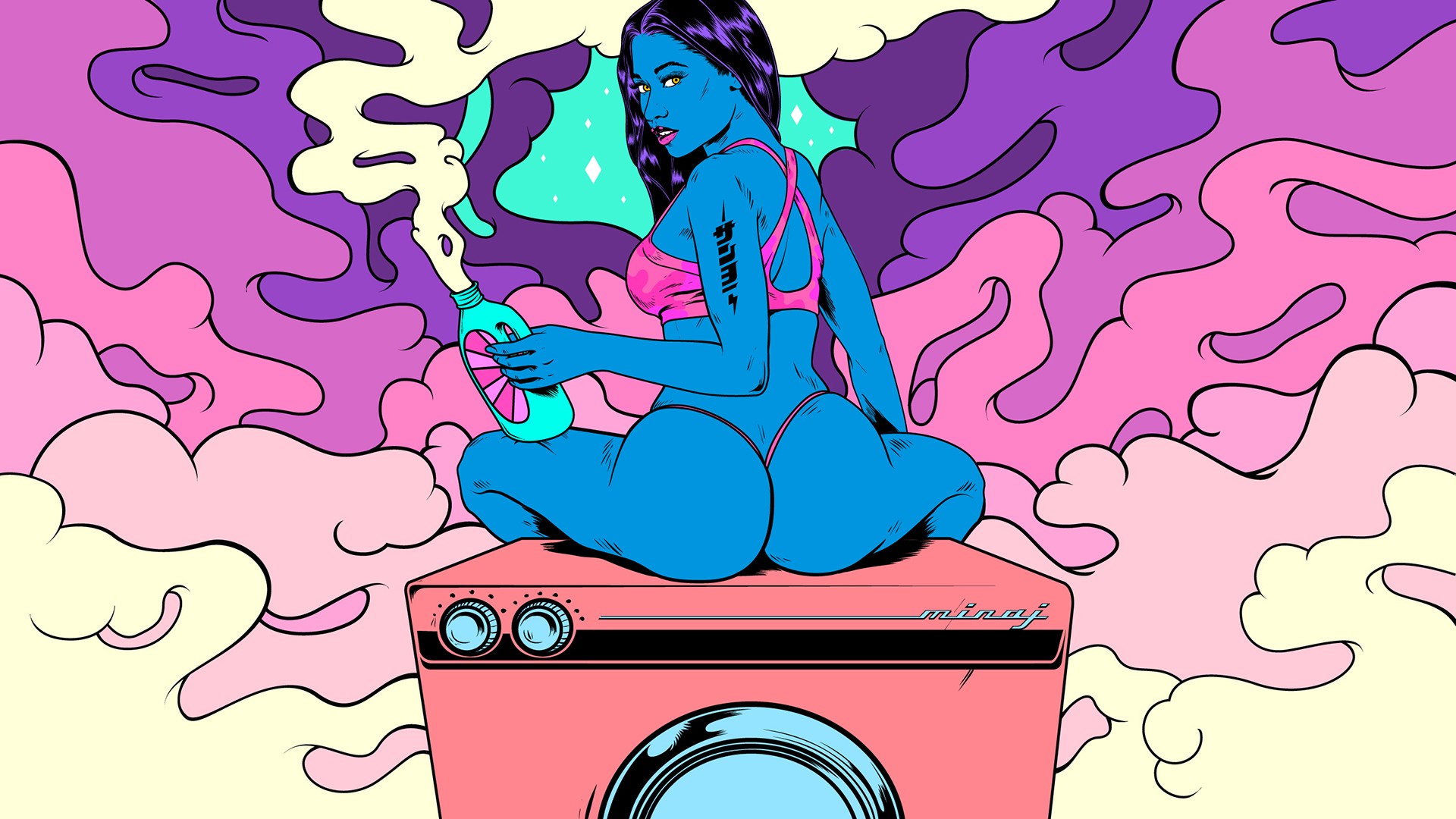 General 1920x1080 Nicki Minaj washing machine ass dark skin curvy yellow eyes purple hair sitting looking back laundry blue skin