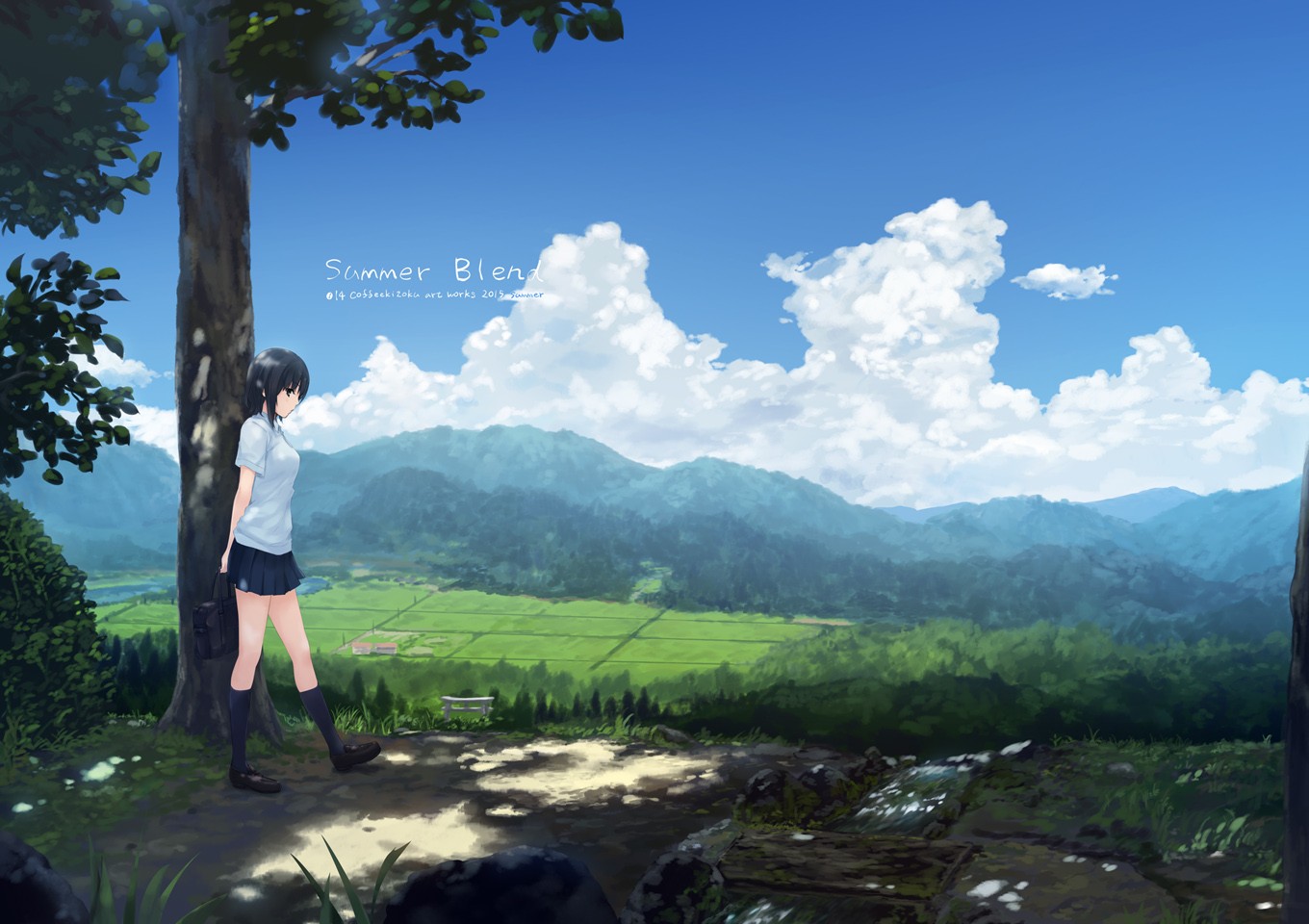 Anime 1360x960 manga anime girls anime landscape trees outdoors women outdoors sky clouds miniskirt nature Pixiv
