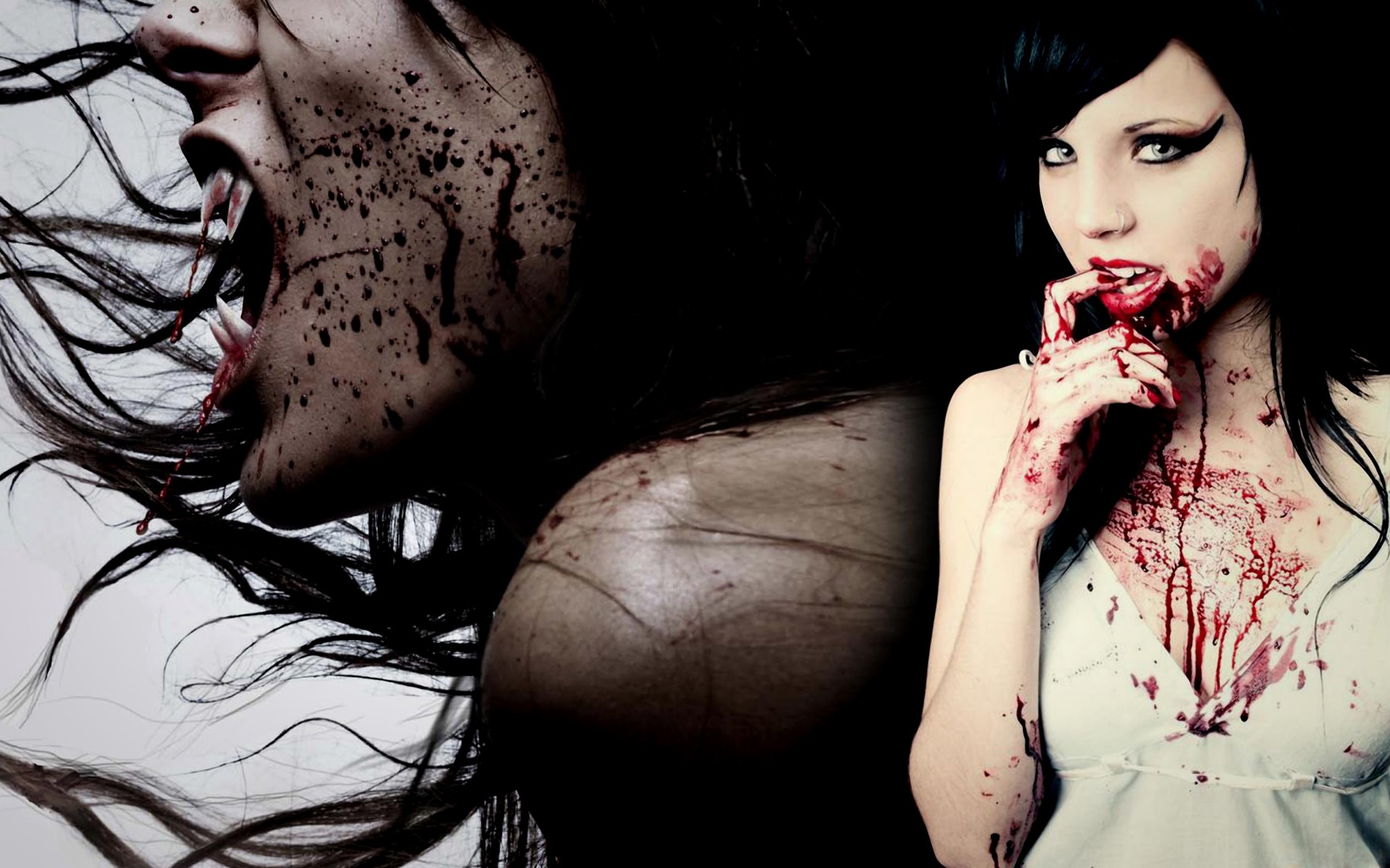 People 1920x1200 blood fangs creepy women vampires black hair white dress finger in mouth makeup dress looking at viewer