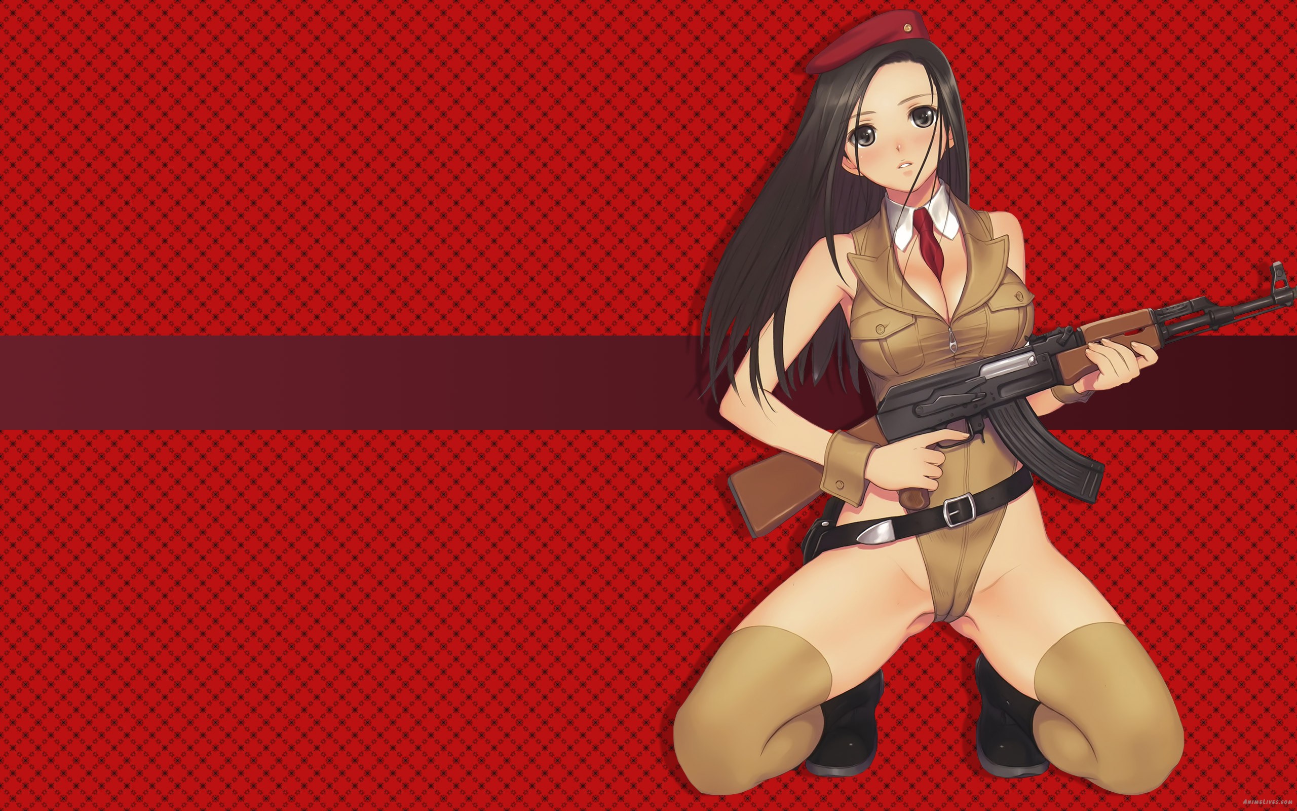 Anime 2560x1600 anime girls anime weapon girls with guns red background machine gun AK-47 dark hair hat women with hats dark eyes boobs cleavage kneeling bodysuit looking at viewer