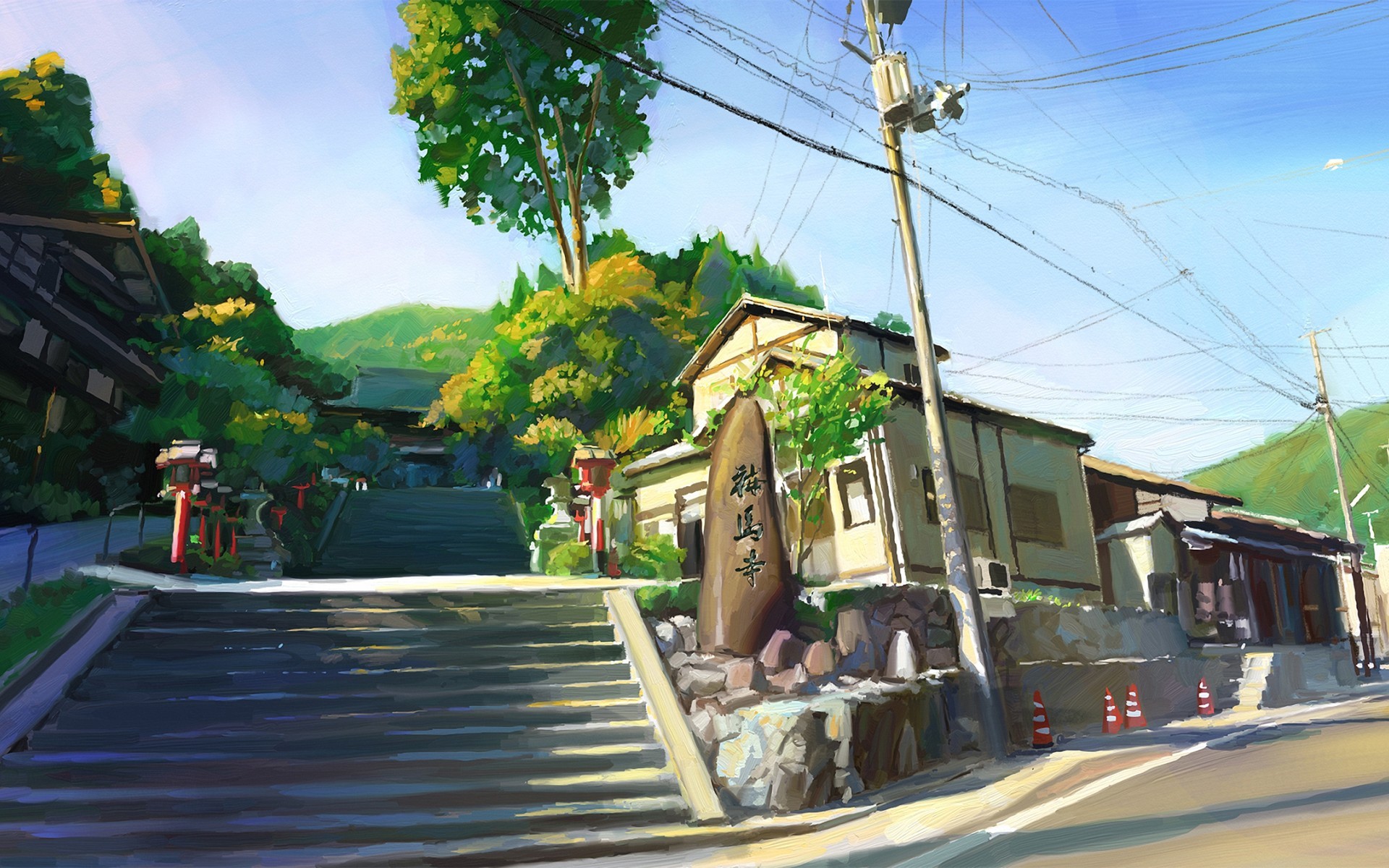 General 1920x1200 artwork stairs power lines trees traffic cone painting Japan utility pole anime moescape urban digital art