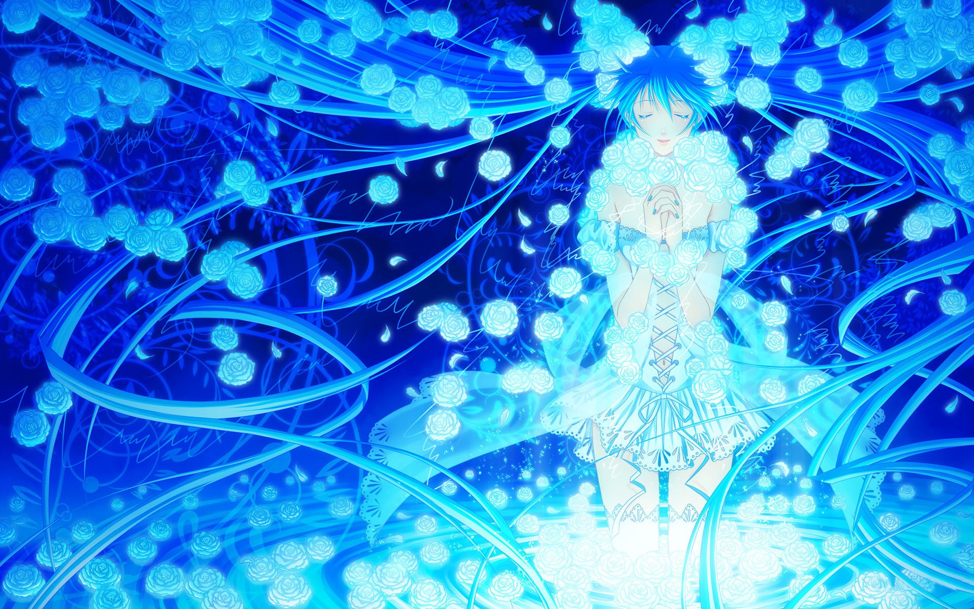 Anime 1920x1200 Hatsune Miku Vocaloid anime girls flowers corset closed eyes anime cyan blue white painted nails blue background long hair
