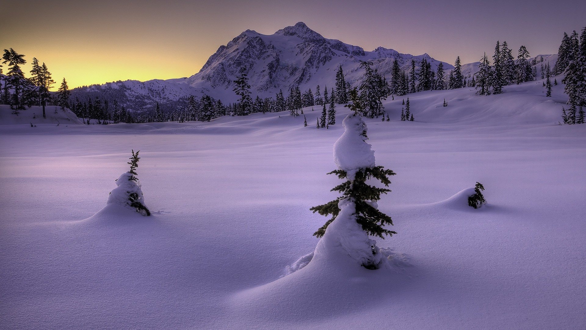 General 1920x1080 cold snow mountains trees sunset nature winter