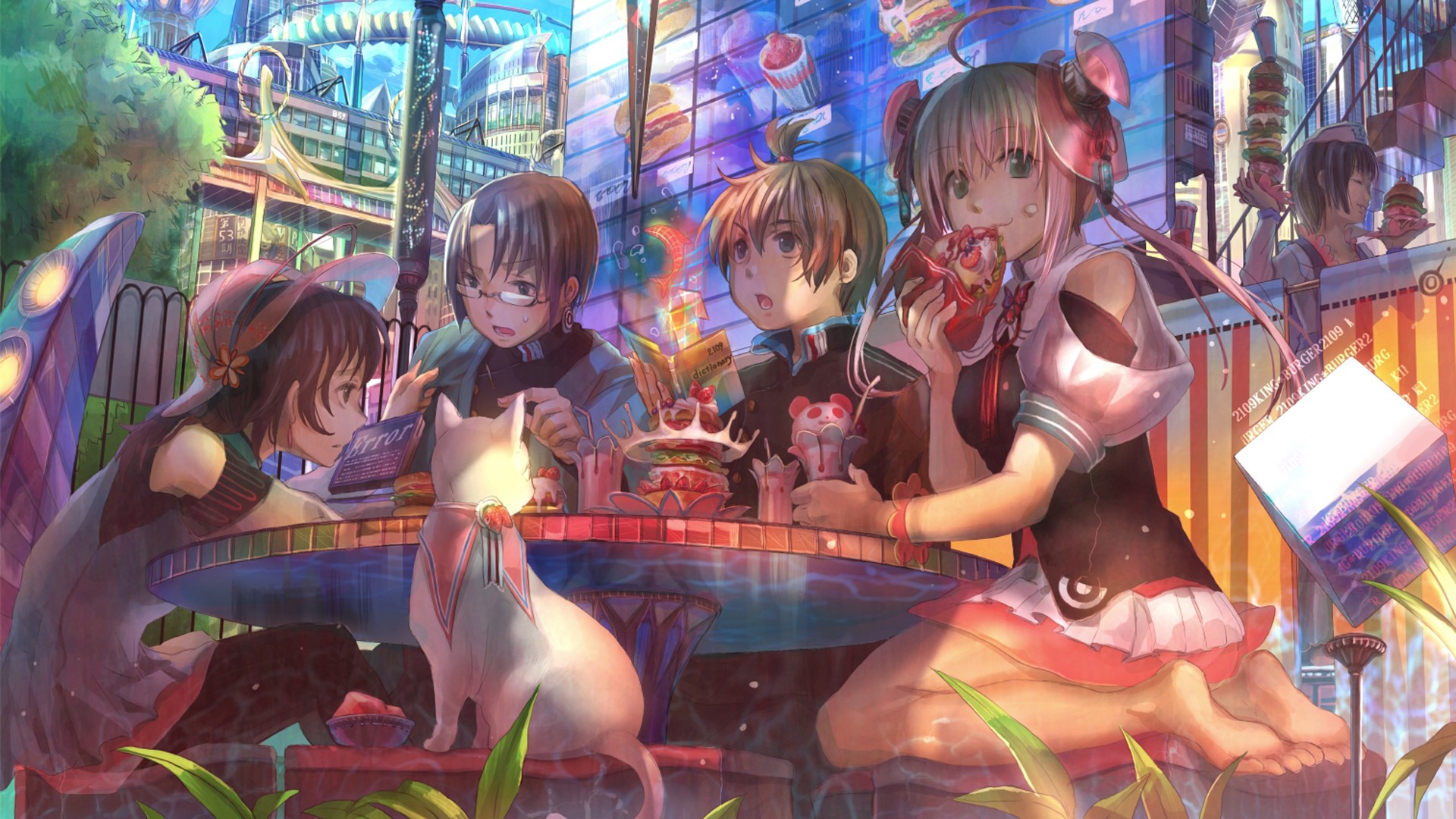 Anime 1920x1080 original characters anime anime girls cats animals mammals anime girls eating food city group of women table barefoot kneeling hat women with hats low-angle menu