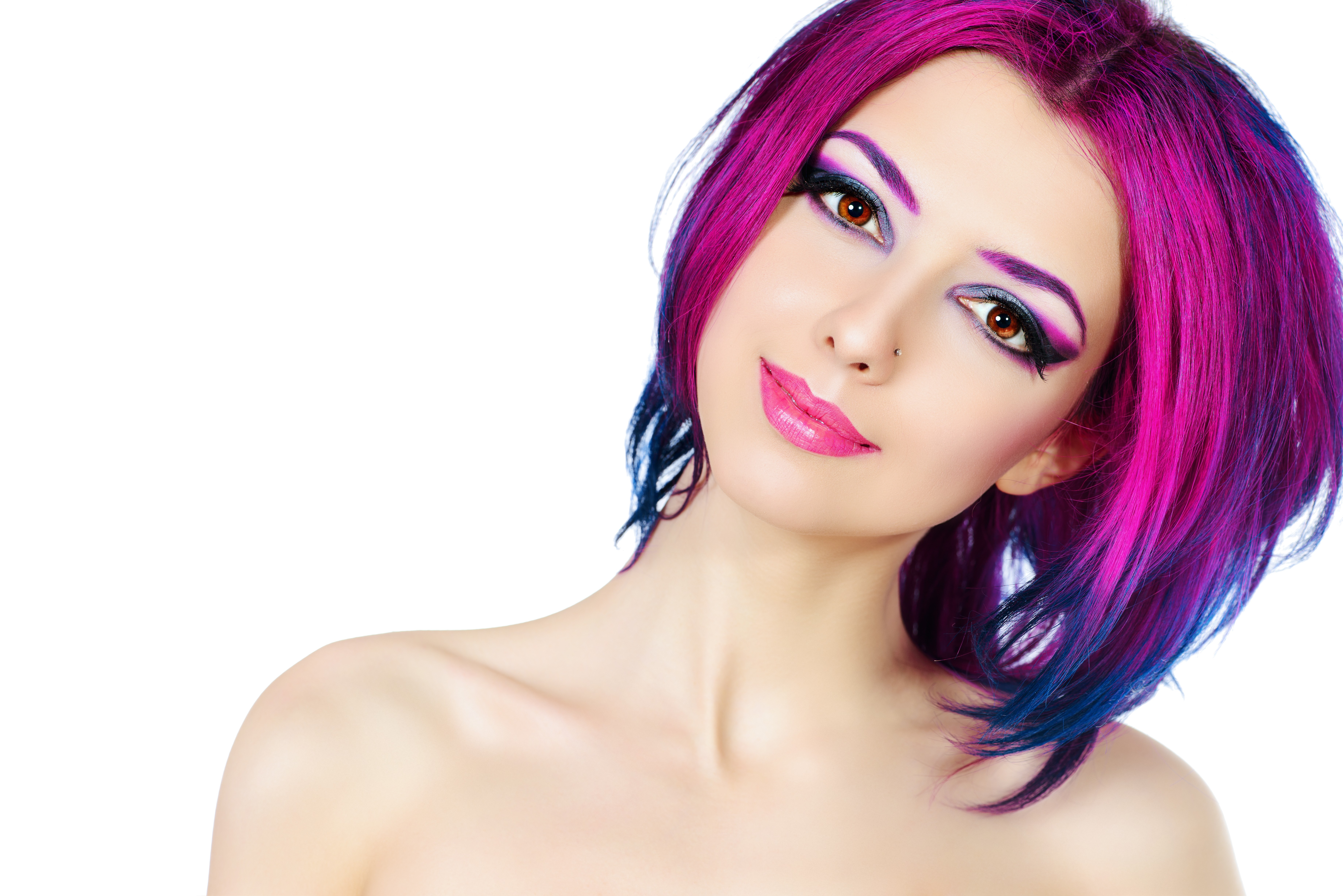 People 7360x4912 women face portrait dyed hair piercing makeup lipstick simple background white background looking at viewer women indoors studio bare shoulders pink hair purple hair gradient hair dyed eyebrows pink lipstick