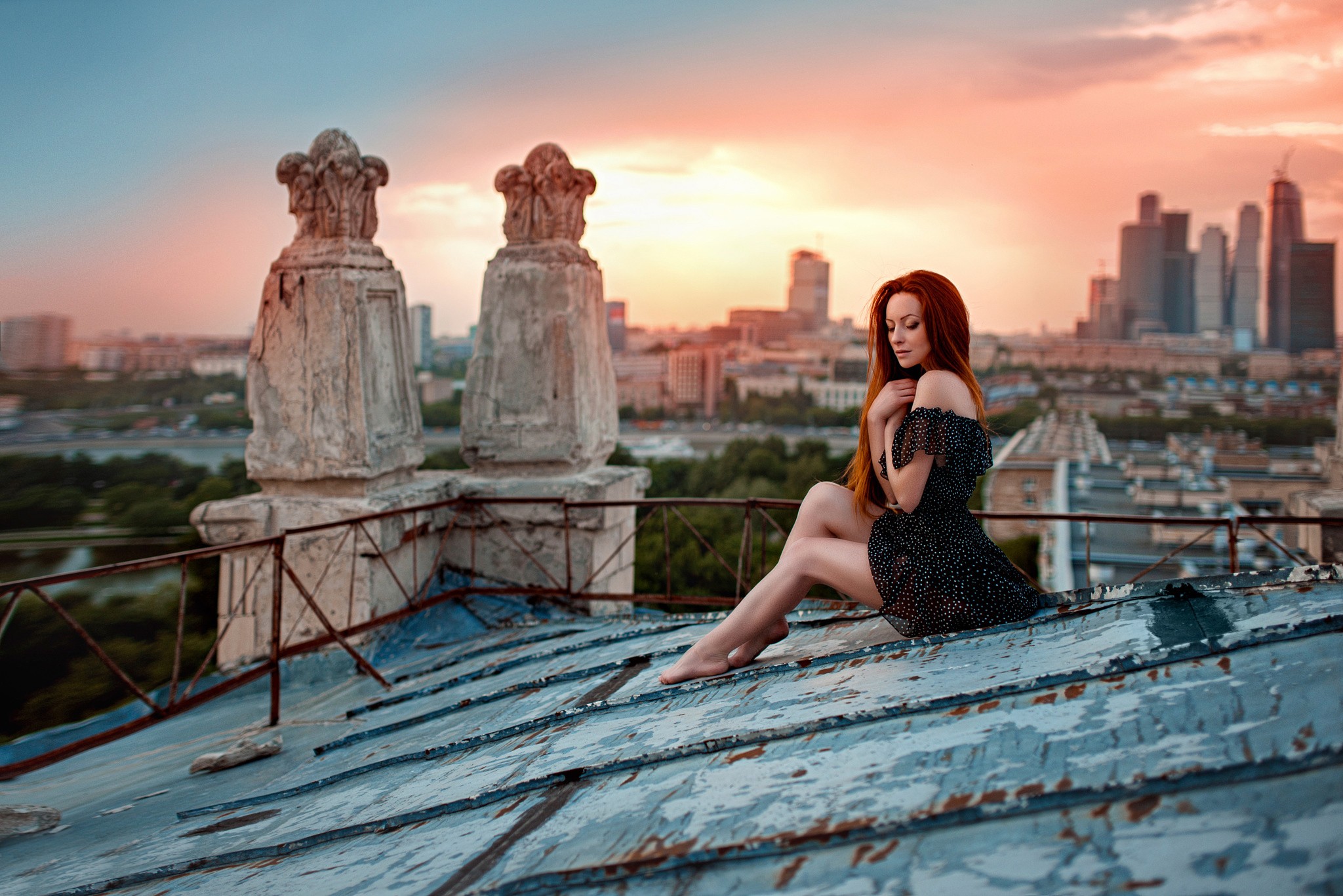 People 2048x1367 women redhead women outdoors rooftops sky dyed hair Russia Moscow
