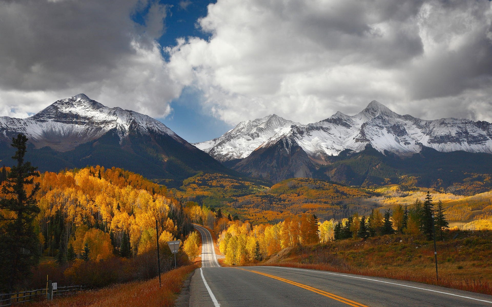 General 1920x1200 landscape nature mountains road forest fall snowy peak fence clouds valley long road Canada