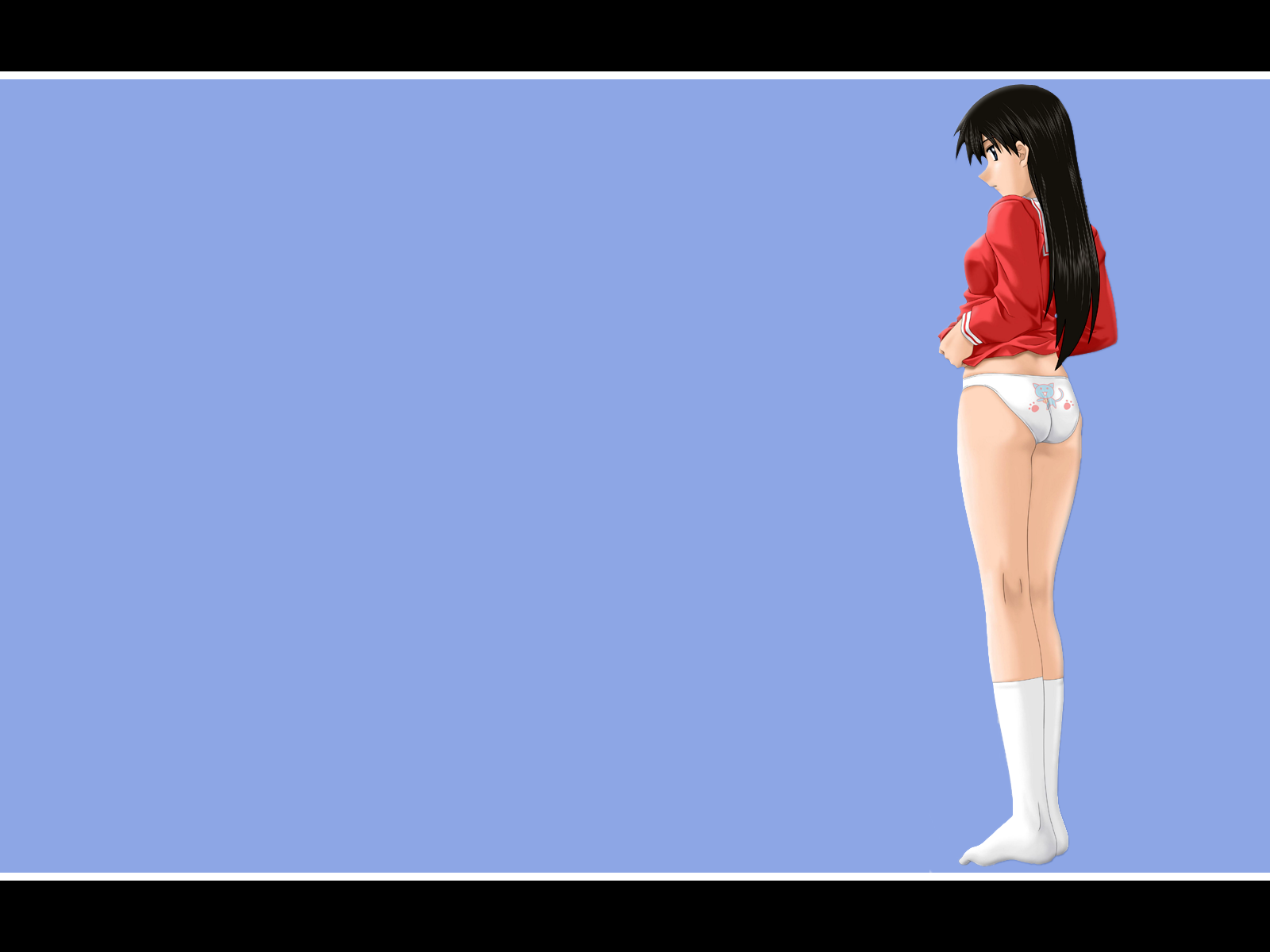 Anime 1600x1200 anime girls panties Azumanga Daioh ass standing socks anime white panties simple background long hair black hair blue background long sleeves straight hair mid calf socks white socks