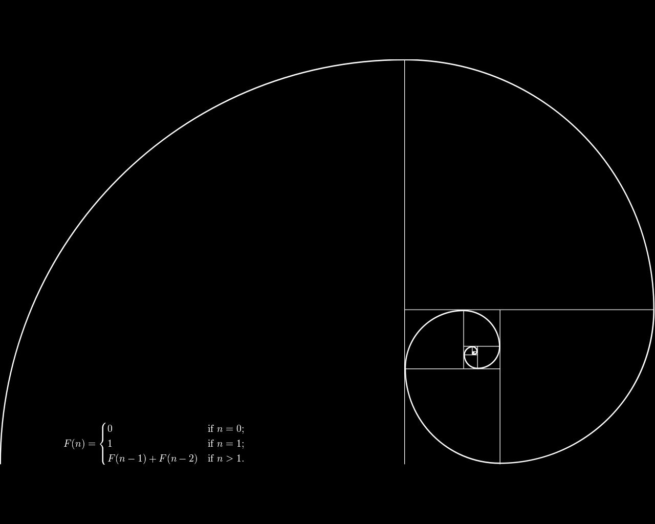 General 1280x1024 minimalism Fibonacci sequence golden ratio mathematics spiral square black background numbers geometry monochrome