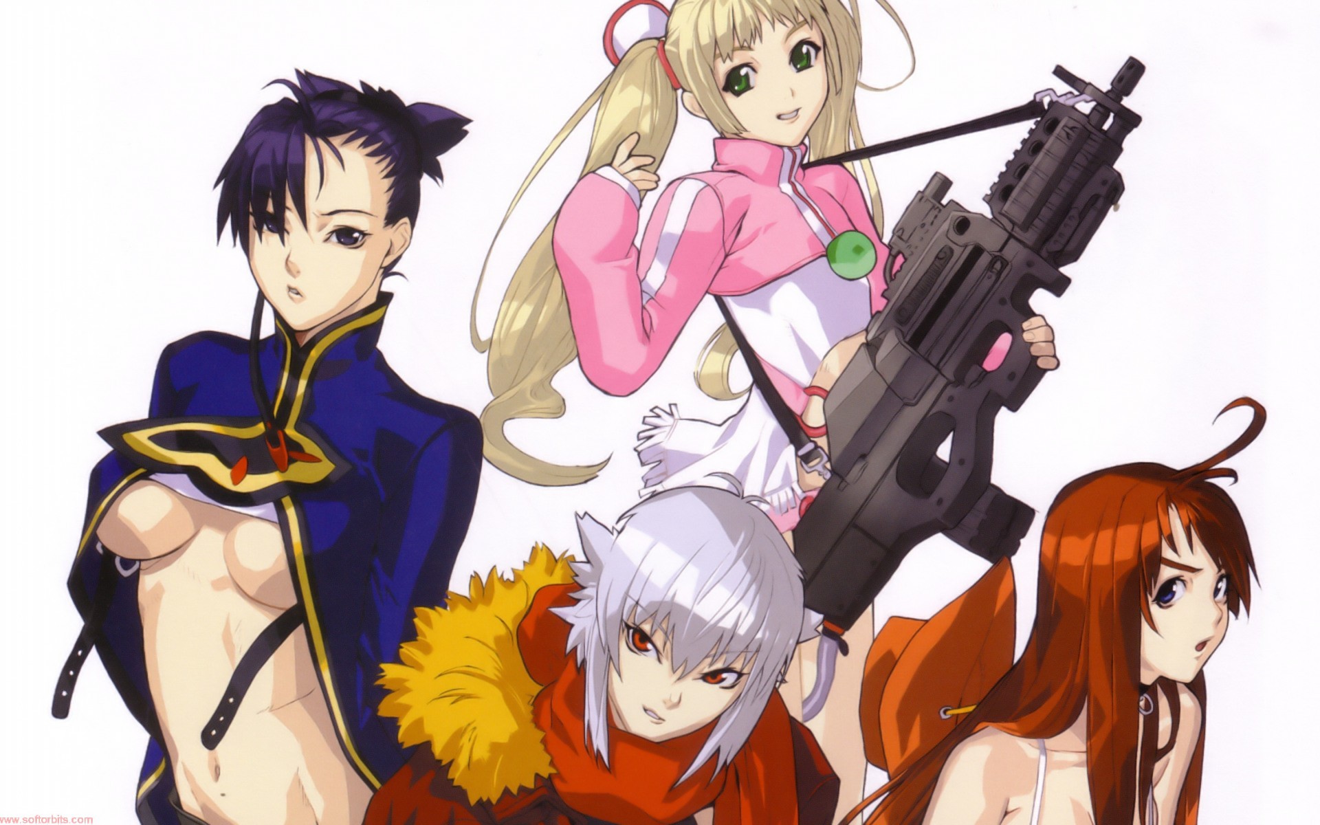 Anime 1920x1200 Burst Angel anime girls gun anime simple background white background purple hair blonde redhead weapon machine gun girls with guns boobs belly hair in face red eyes green eyes pink clothing blue clothing looking at viewer group of women
