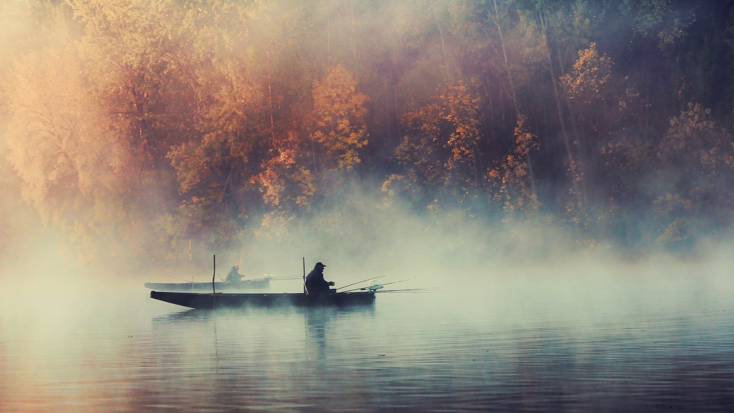 General 2560x1440 nature landscape trees water lake boat mist morning fisherman fall forest men fishing