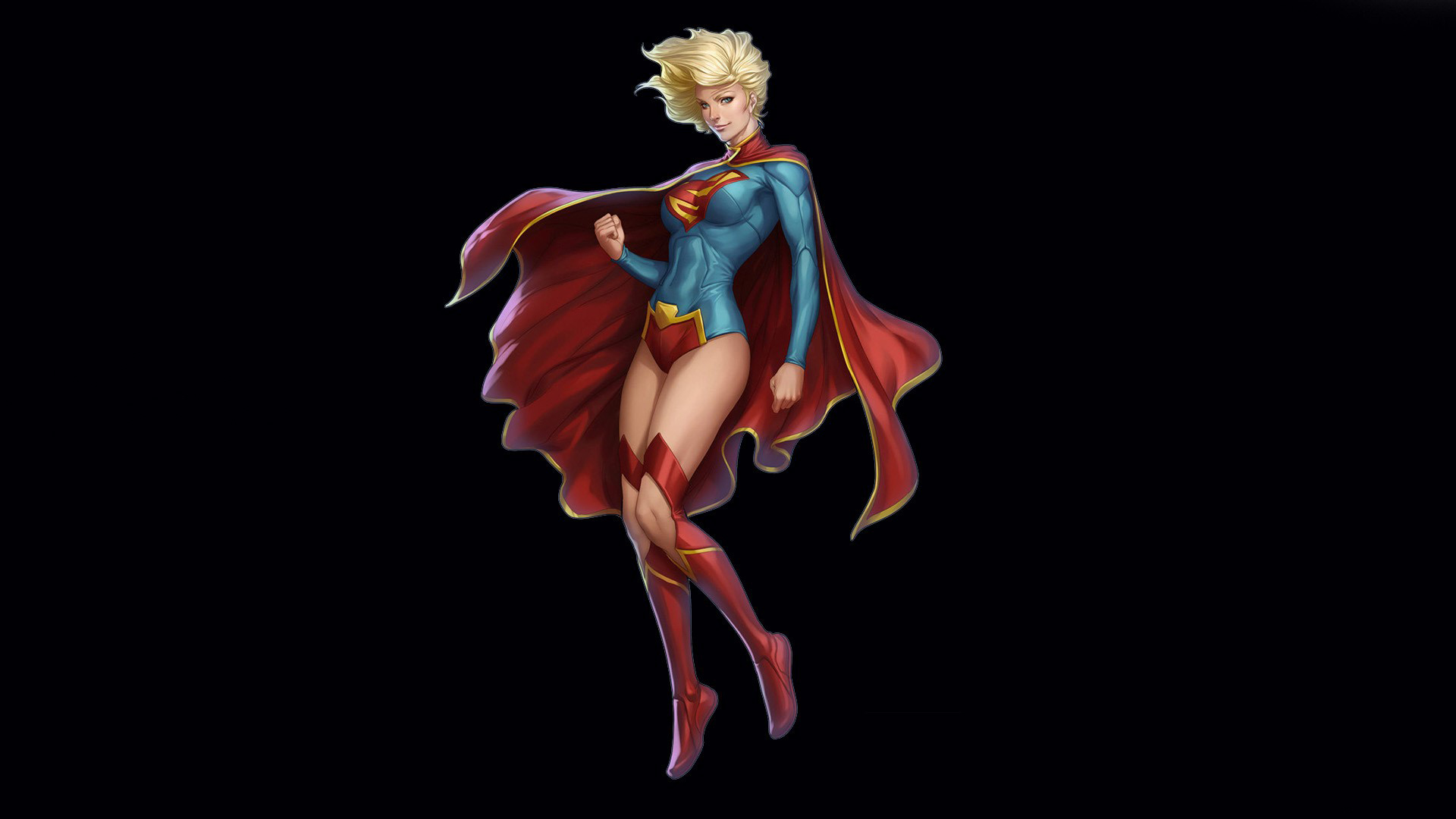 General 1920x1080 DC Comics artwork Supergirl superheroines black background fantasy art blonde women legs cape simple background boots fantasy girl