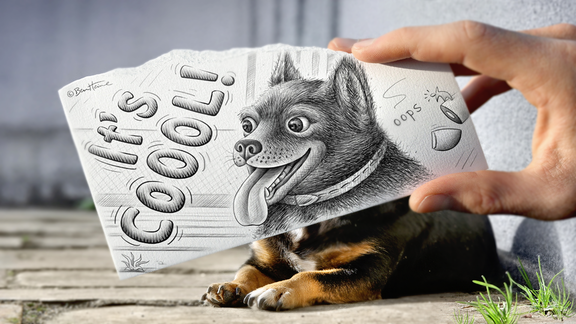 General 1920x1080 artwork dog animals humor drawing pencil drawing tongue out typography hands picture-in-picture mammals picture