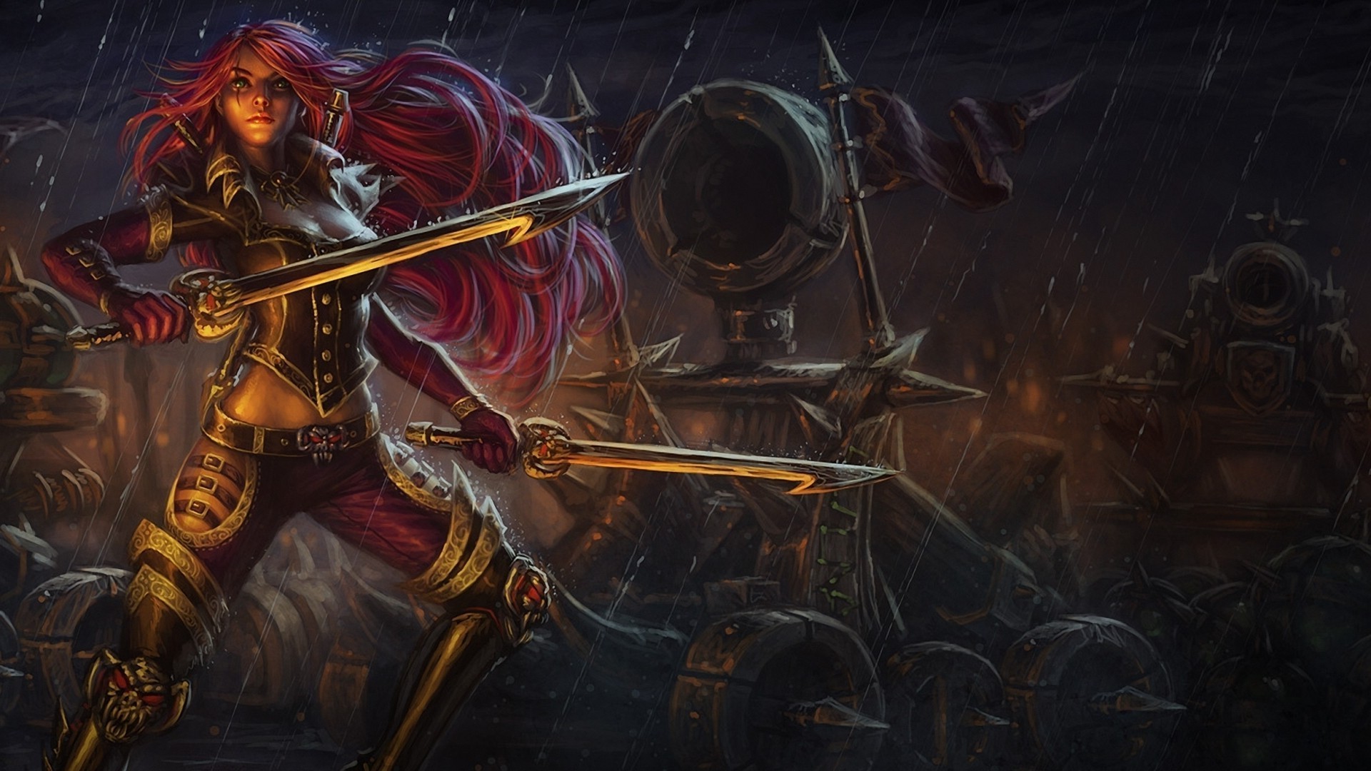 General 1920x1080 Katarina (League of Legends) PC gaming rain fantasy girl fantasy art pirates redhead weapon video game warriors League of Legends women with swords sword long hair standing video game girls video game art