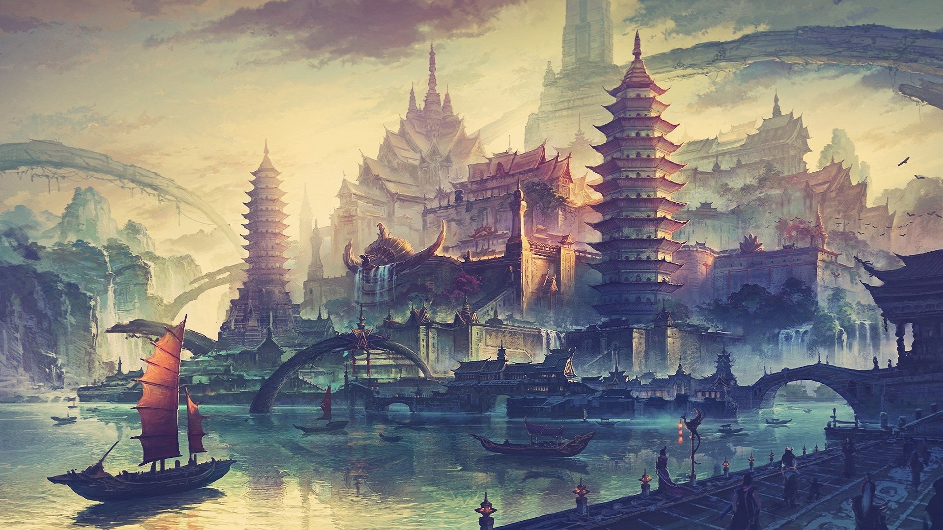 General 1920x1080 Chinese architecture fantasy art China traditional art Asian architecture Chinese ship boat Asia