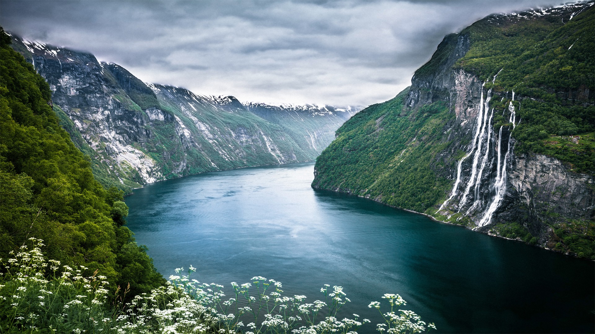 General 1920x1080 nature landscape mountains waterfall Geiranger Norway fjord cliff wildflowers foliage Seven Sisters clouds Seven Sisters Waterfall overcast
