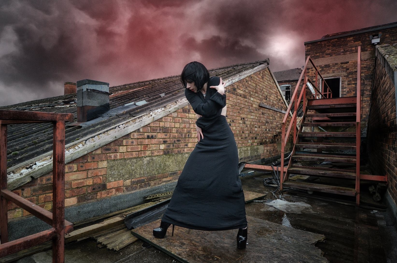 People 1643x1088 women women outdoors sky digital art rooftops stairs high heels dark hair dress heels black heels Biff SNR Photography