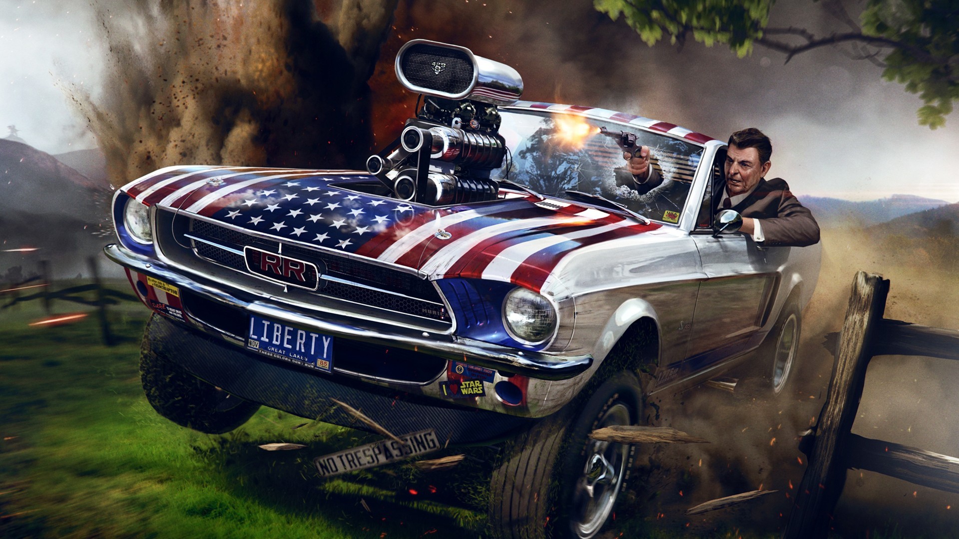 General 1920x1080 Ford Mustang gun explosion hills USA humor car American flag vehicle weapon