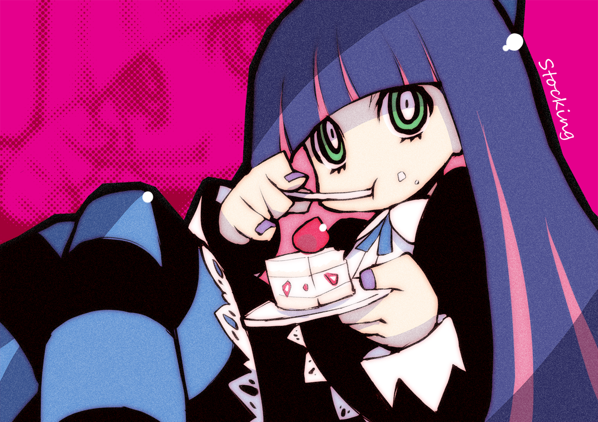 Anime 1200x848 Panty and Stocking with Garterbelt Anarchy Stocking gothic anime girls cake anime anime girls eating food sweets green eyes blue hair gothic lolita