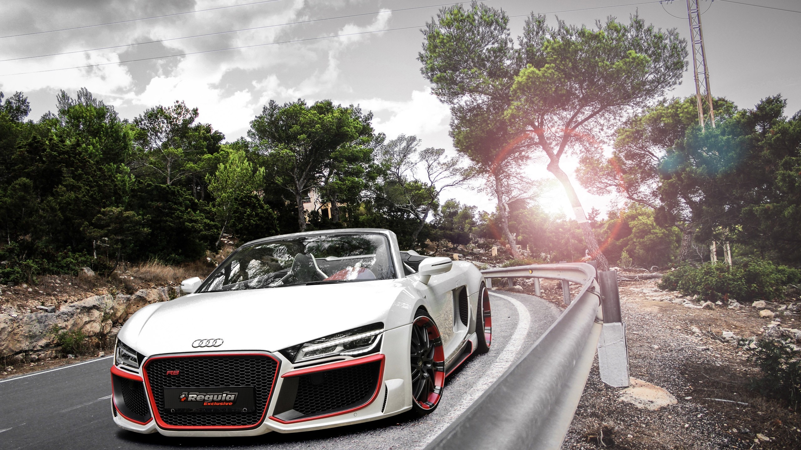 General 2560x1440 Audi Audi R8 white cars trees road vehicle sunlight clouds frontal view car convertible German cars Volkswagen Group