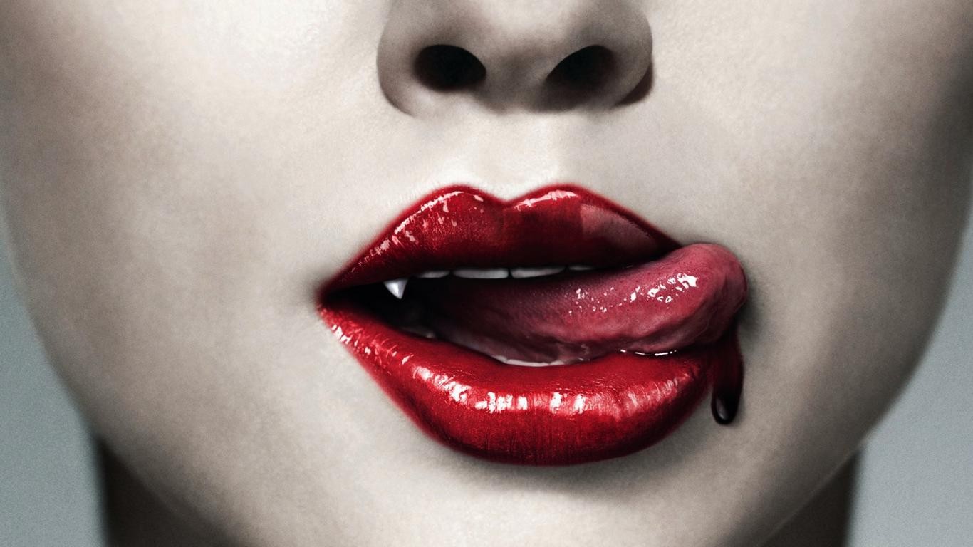 People 1366x768 lips red blood True Blood vampires TV series teeth nose women tongues tongue out closeup red lipstick
