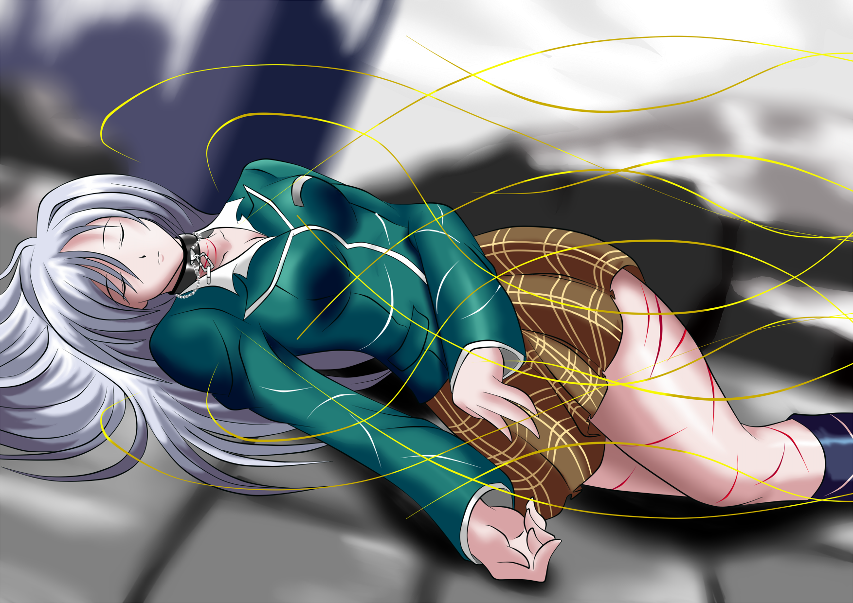 Anime 1753x1240 Akashiya Moka Rosario + Vampire anime girls anime closed eyes long hair wounds lying down
