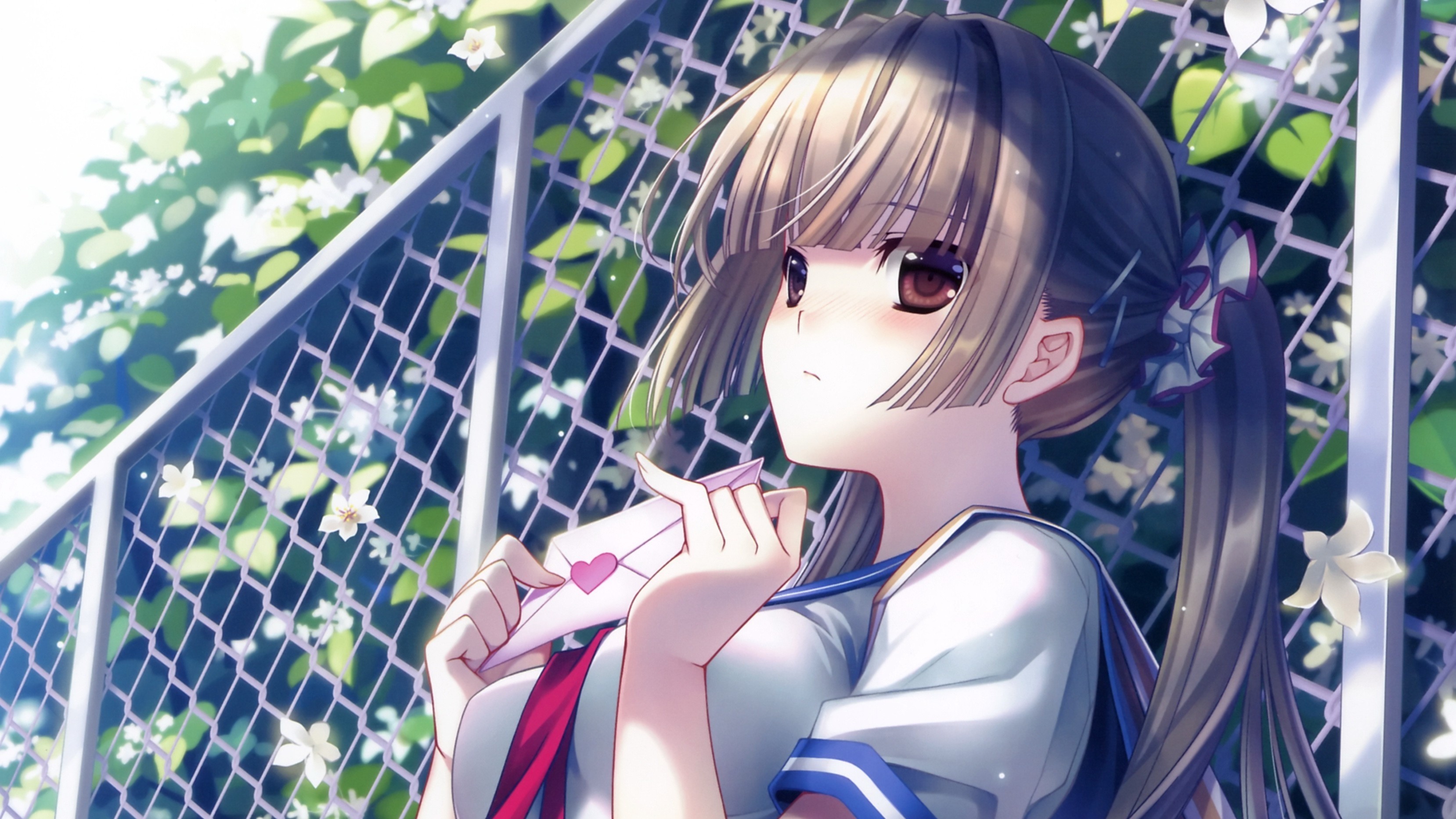 Anime 3316x1866 anime girls anime school uniform ponytail schoolgirl fence letter big boobs flowers plants