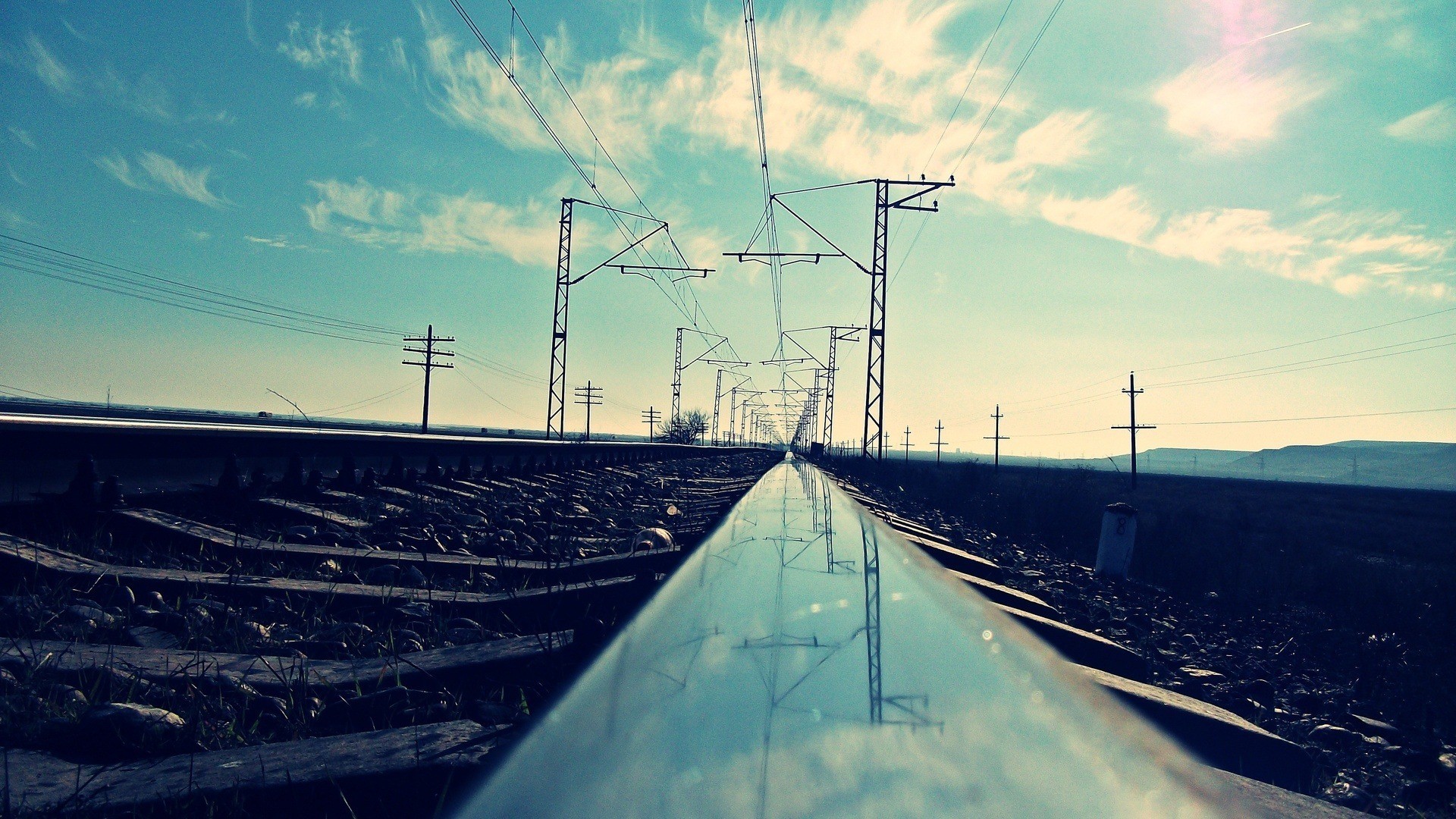 General 1920x1080 power lines railway worm's eye view landscape reflection filter utility pole sky clouds