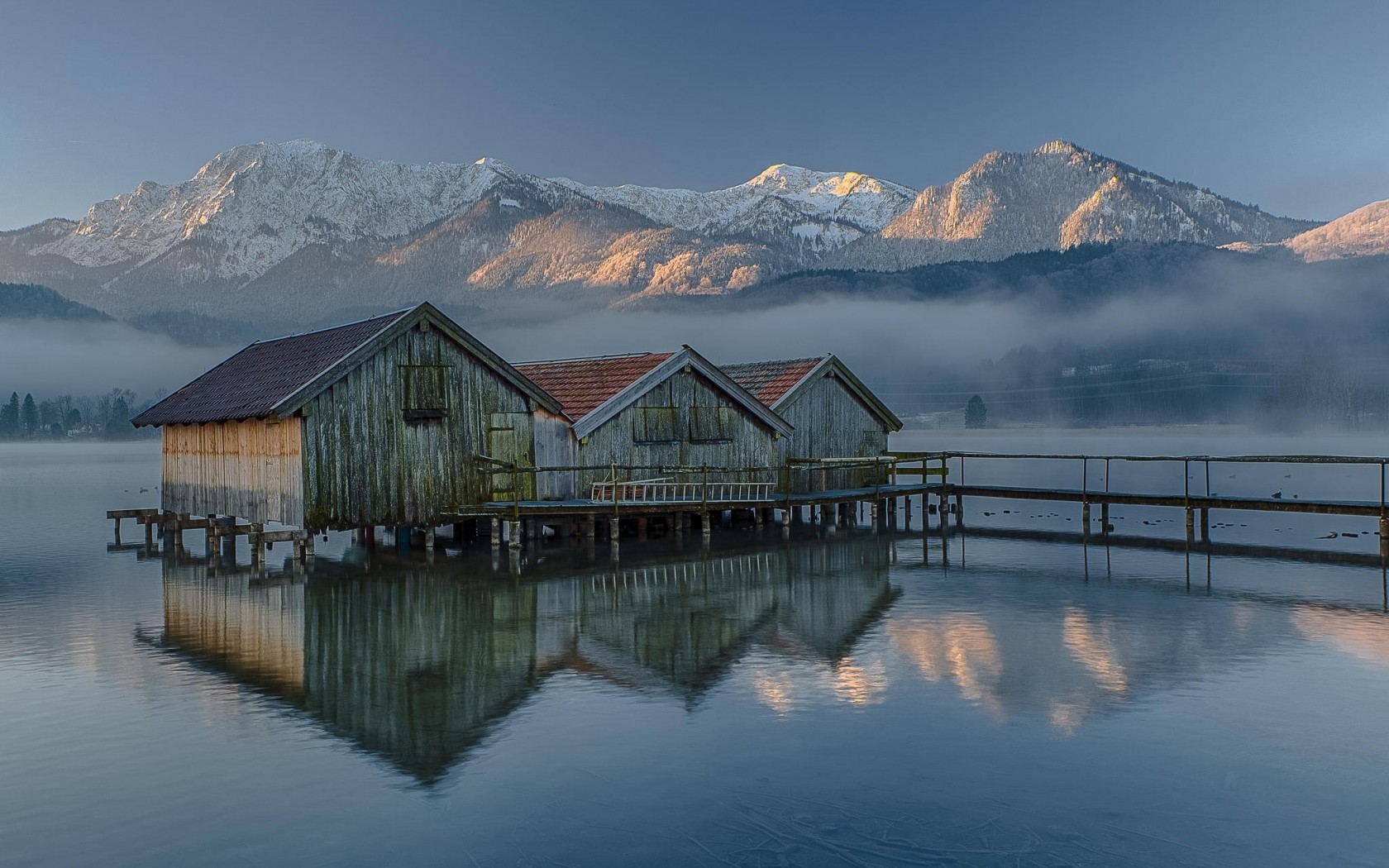 General 1680x1050 nature landscape mountains snow water Germany house mist trees forest sunlight reflection pier lake boathouses