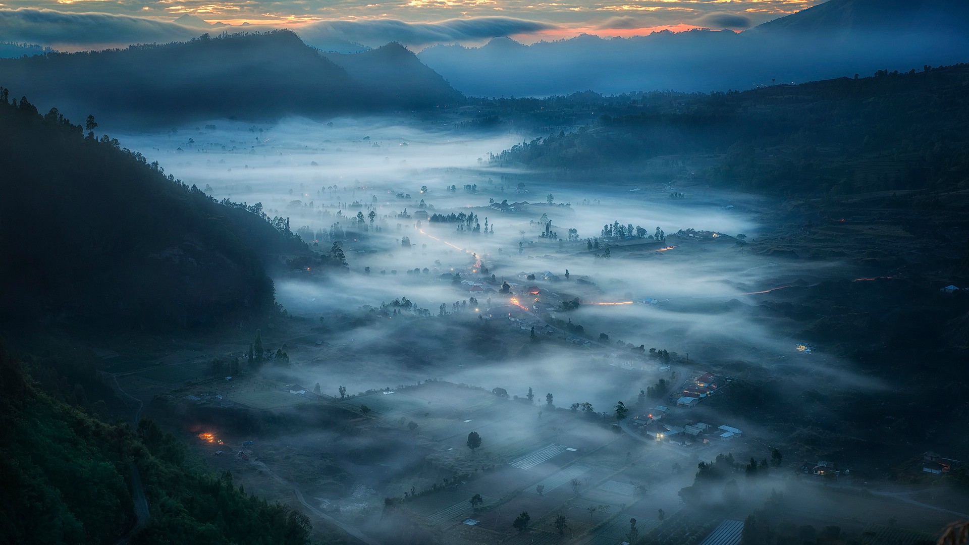 General 1920x1080 nature landscape clouds aerial view Indonesia Bali mist trees forest mountains hills field village house lights morning
