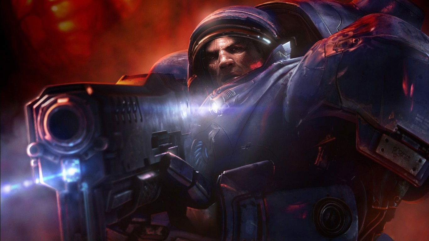 General 1366x768 science fiction PC gaming StarCraft video game men Science Fiction Men weapon armor video game art Blizzard Entertainment